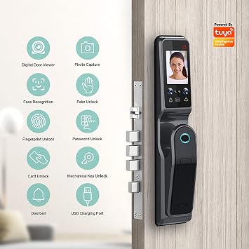 Smart Door Lock with Face Recognition, Biometric Fingerprint Access, Digital Password, Door Viewer, Includes Keys for Home Entry