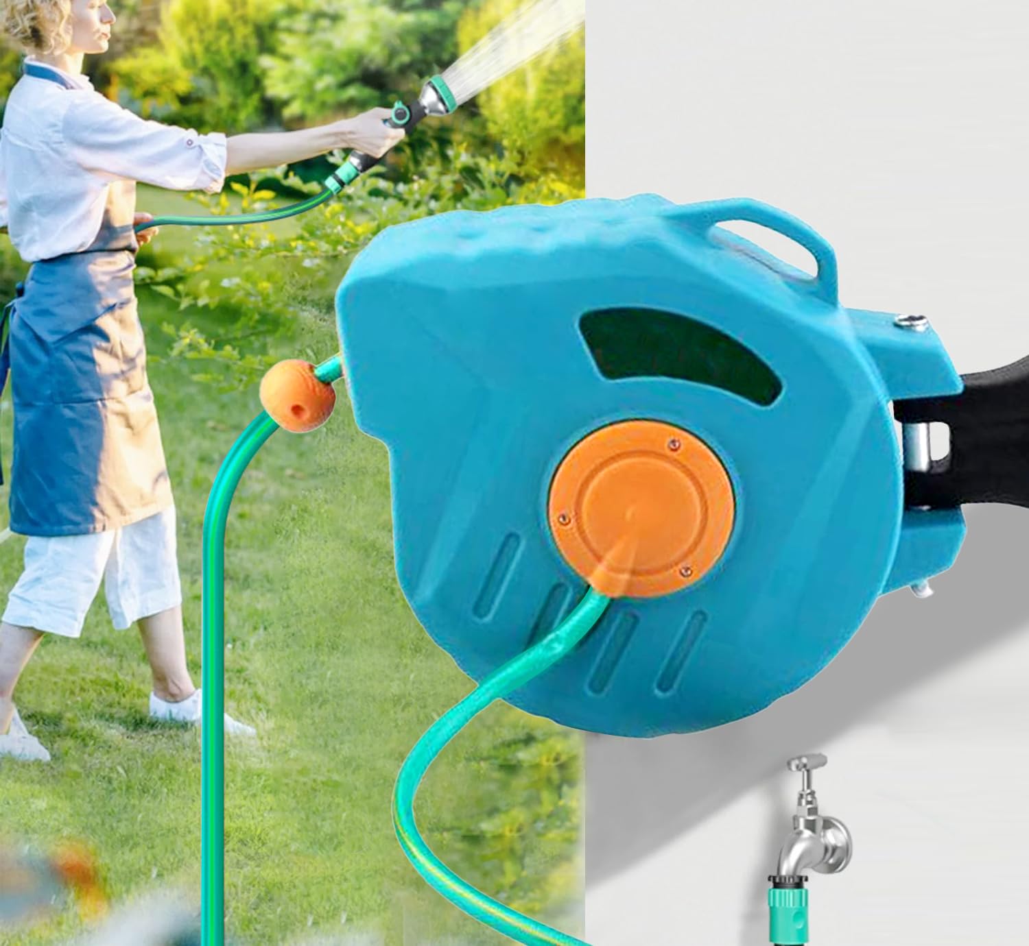 Kurflo Wand-Schlauchtrommel 20 m, Tragbare Schlauchtrommel, Automatischer Rückzug, mit Multifunktionsdüse & 180°-Drehbügel, Rostfrei, Geeignet für Gartenbewässerung, Reinigung, Autowäsche