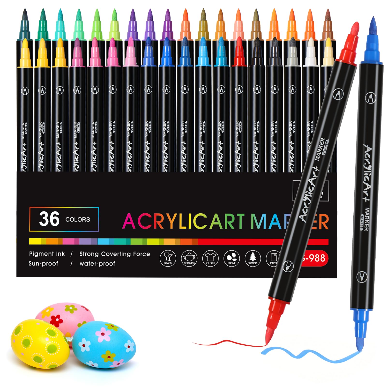 Diboniur 36 Colores Rotuladores Acrilicos, Marcadores Acrílicos Doble Punta Pincel y Punta Media, Canetas Acrilicas Rotuladores para Pintar, Roca, Cristal, Cerámica, Plastico, Tela, Metal