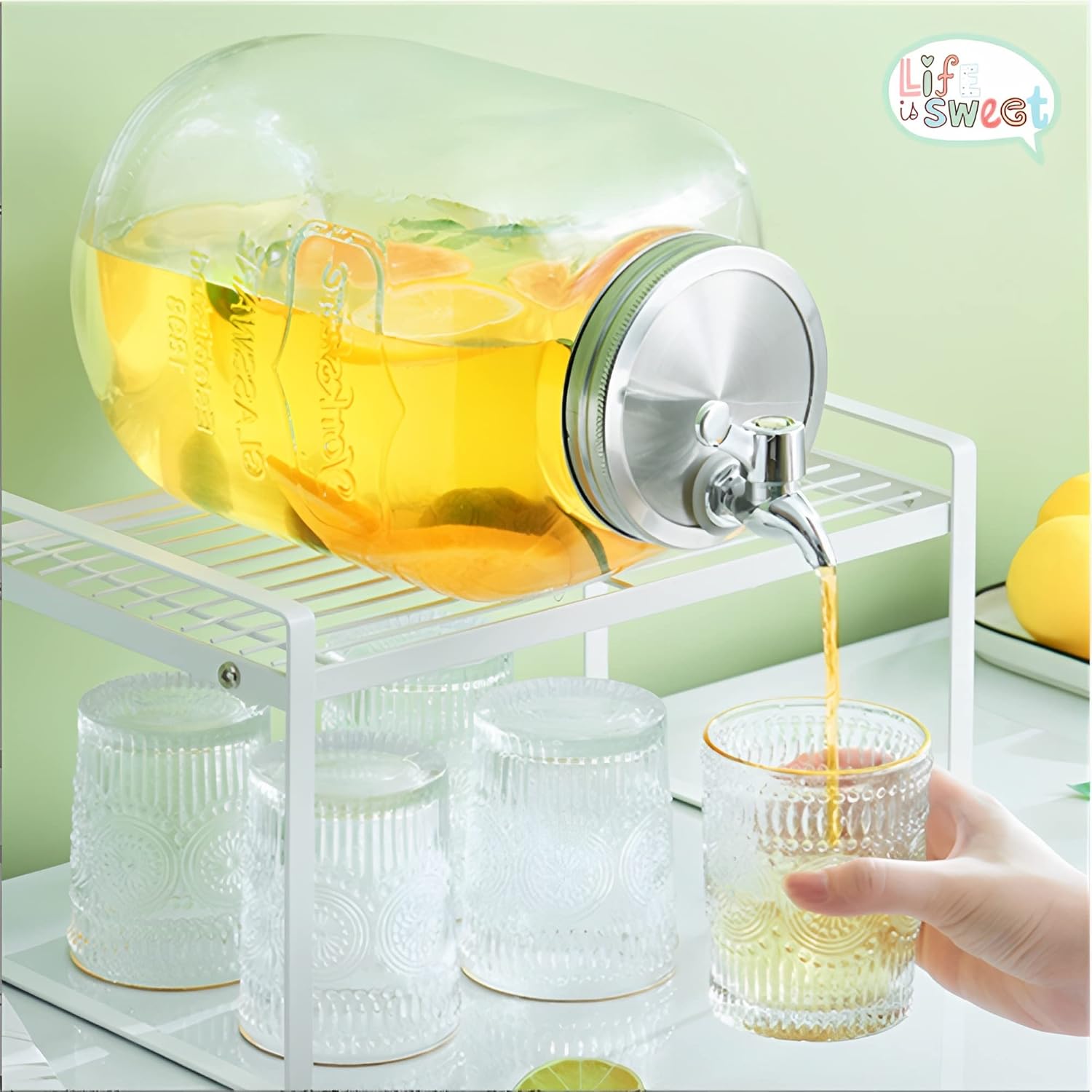 Glass Beverage Dispenser for Parties, 5 Litre Drink Dispenser for Fridge,Jar Glass Juice Dispenser with Leakproof Stainless Steel Spigot for Outdoor, Parties and Daily Use, Clear
