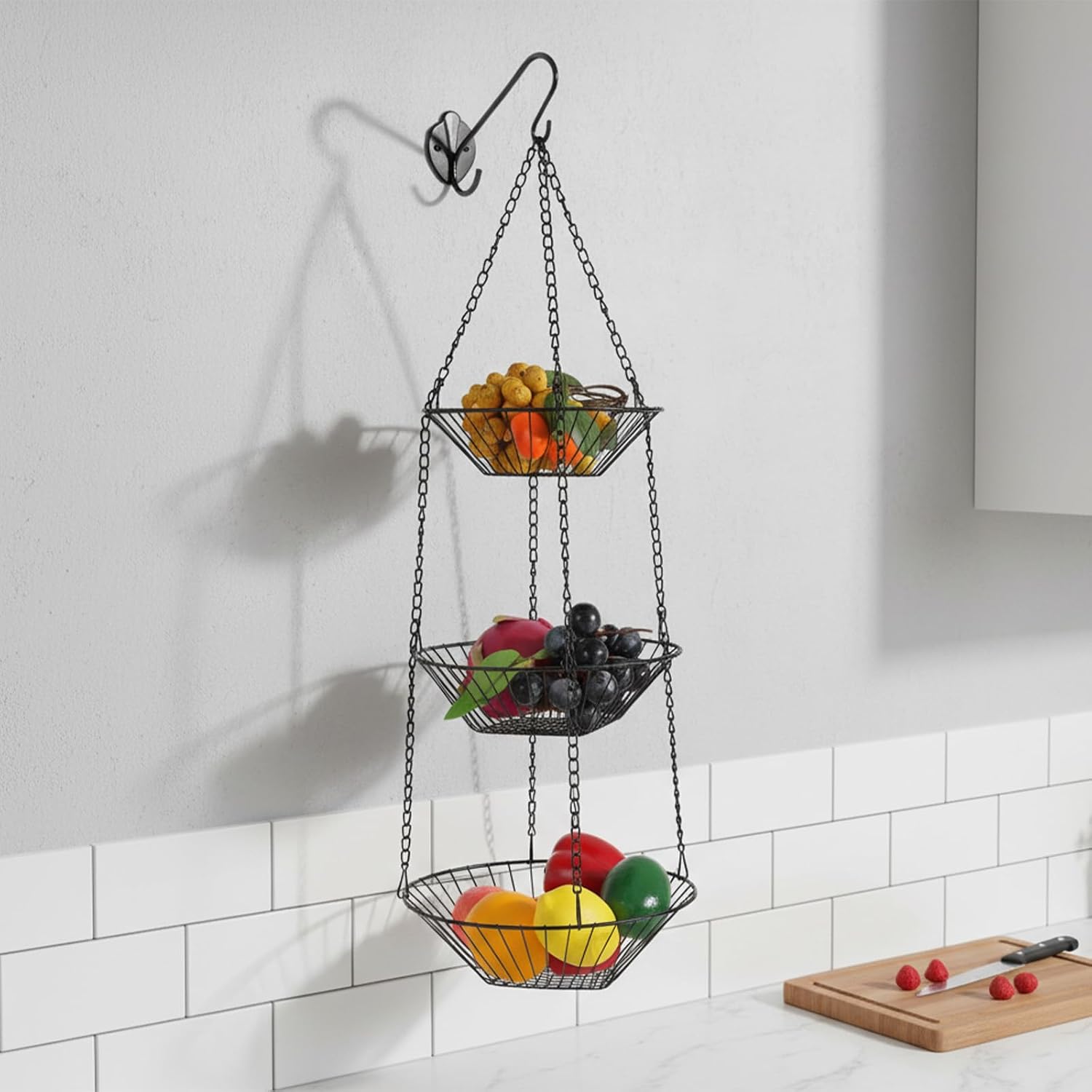 2 Packs 3-Tier Wire Fruit Hanging Basket, Black non-Punching Wall Hanging Storage,Kitchen Bathroom Organization Basket, Suitable for Bathroom, Kitchen, Closet, Garden