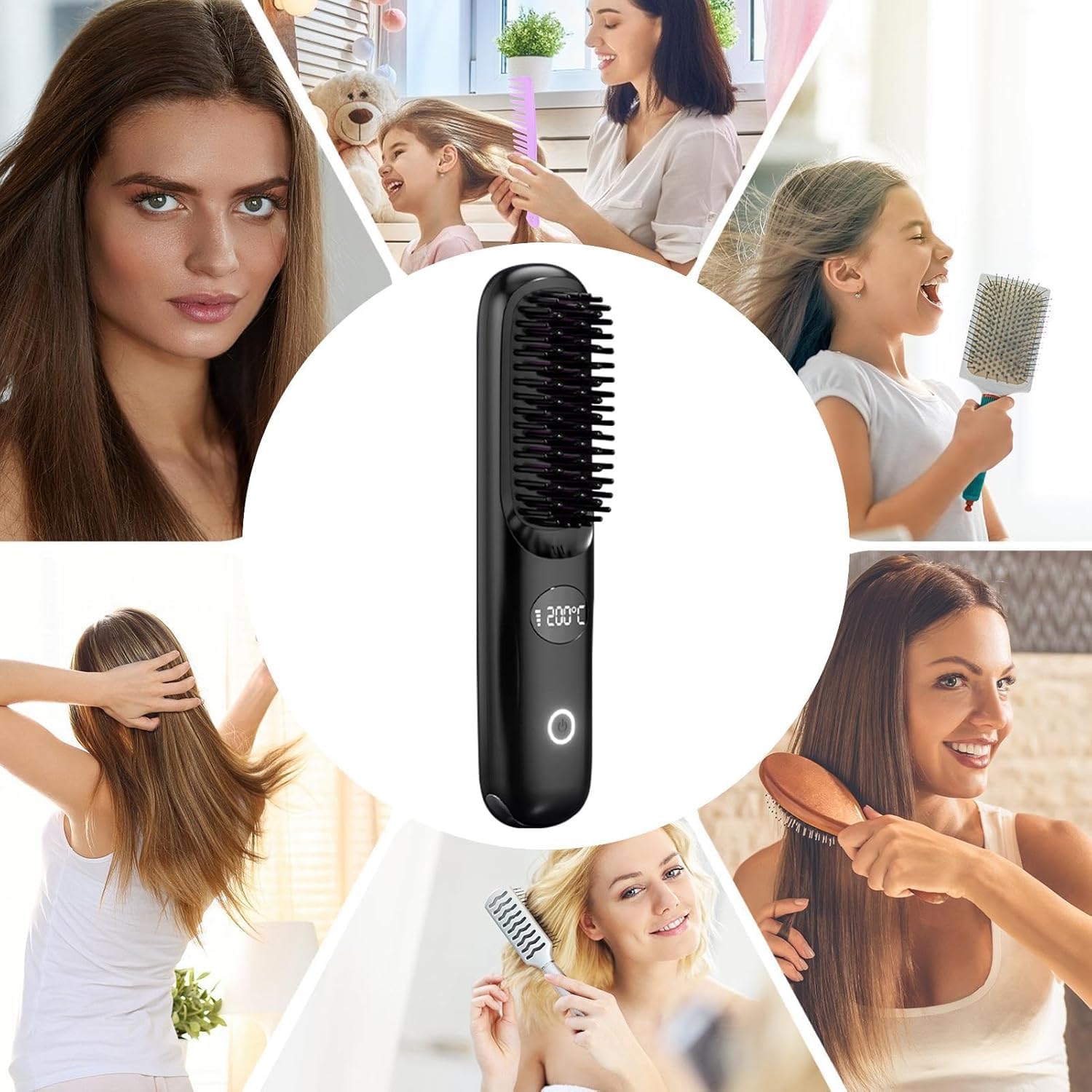 Brosse Lissante Sans Fil, Brosse Chauffante Lissante Portable 200 Millions D'ions Négatifs Anti-BrûLure avec 3 Températures Réglables, Mini Lisseur Rechargeable pour Maison, Voyage