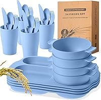 Vista 1 de Tanlade Juego de 24 cubiertos de paja de trigo, platos divididos, platos irrompibles, aptos para microondas, lavavajillas, cubiertos, cuchara, Azul