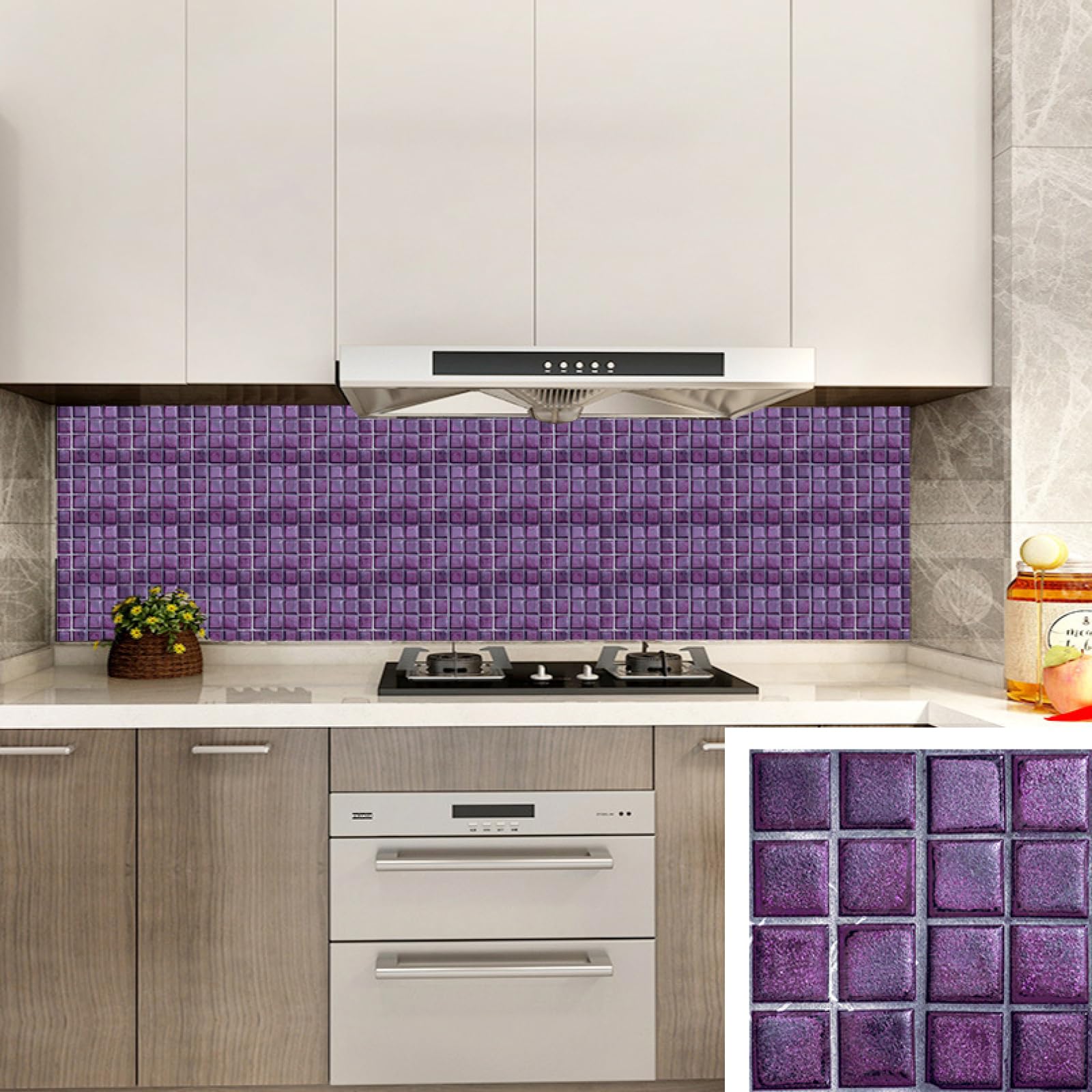 Tile Stickers Dark Purple Mosaic Stick on Tiles Waterproof Self Adhesive Wall Tiles Oil-Proof Stick on Wall Tiles Kitchen Tile Stickers for Bathroom Stairs Home Decor 20 Pcs/15x15cm