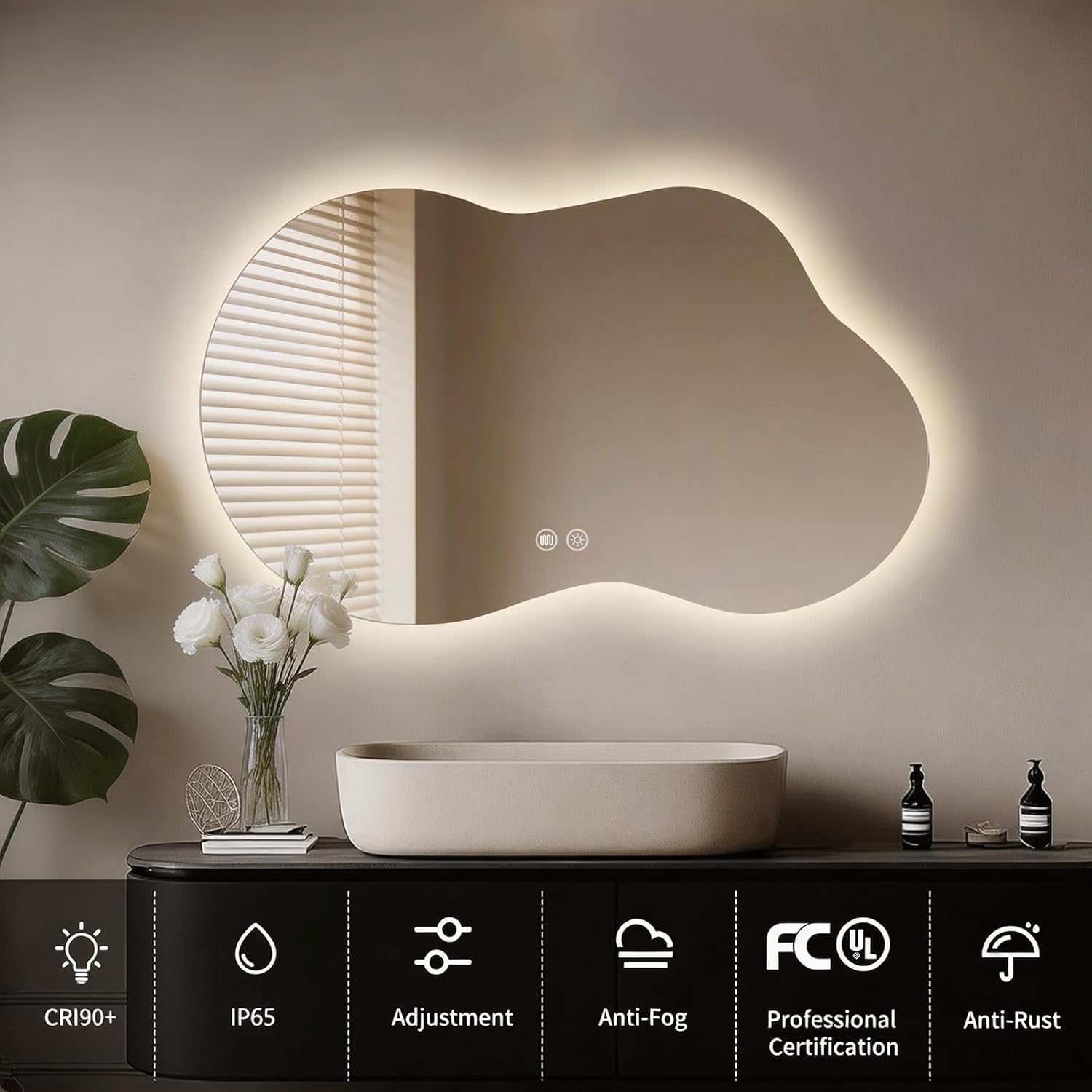 LED Bathroom Mirror with Lights 22x36, Stepless Dimmable Irregular Backlit Mirror with 3 Colors, Anti-Fog, Memory, Al-Alloy Lampshade, Frameless Smart Mirror for Bathroom (Horizontal/Vertical)