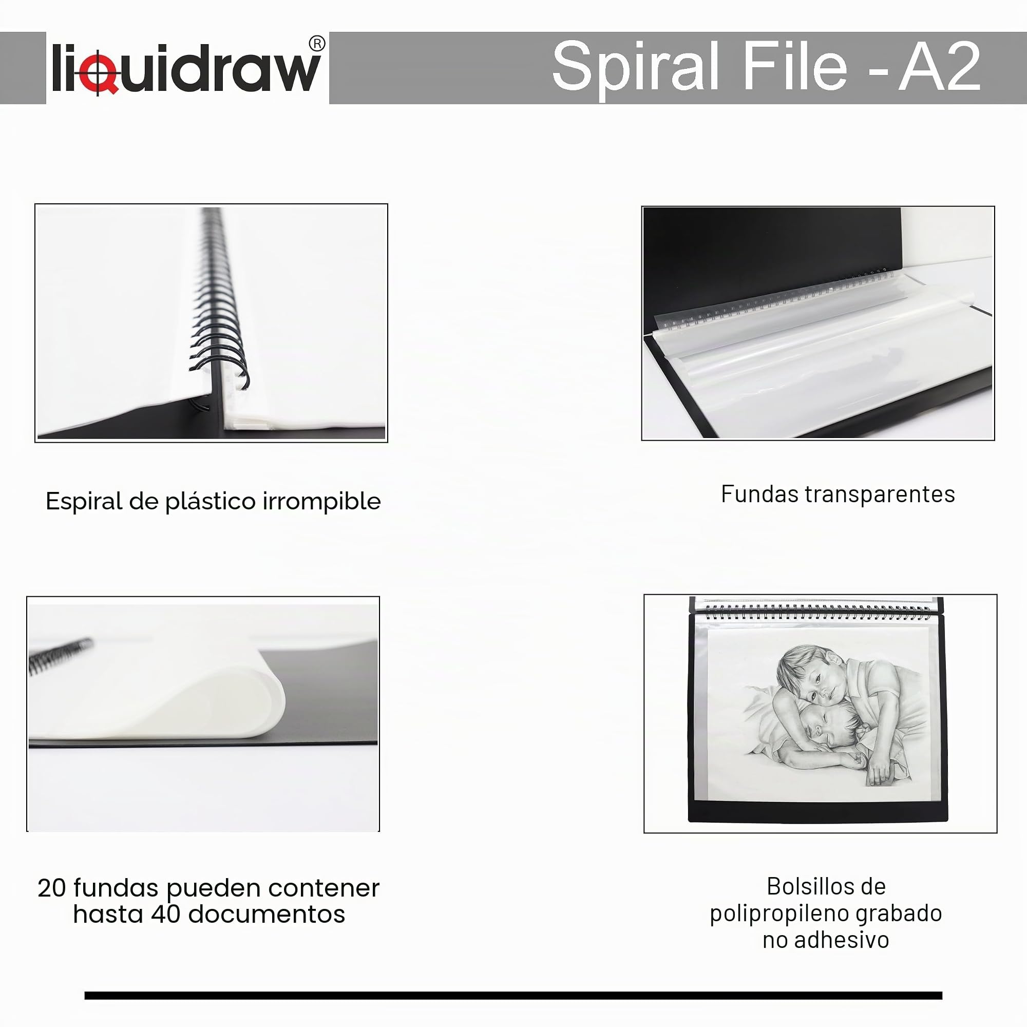 Liquidraw Estuche tipo portafolio de arte A2, 20 fundas, tamaño de la manga: 61 cm x 45 cm, carpeta de almacenamiento en espiral ideal para artistas, arquitectos, dibujo, pintura, almacenar documentos