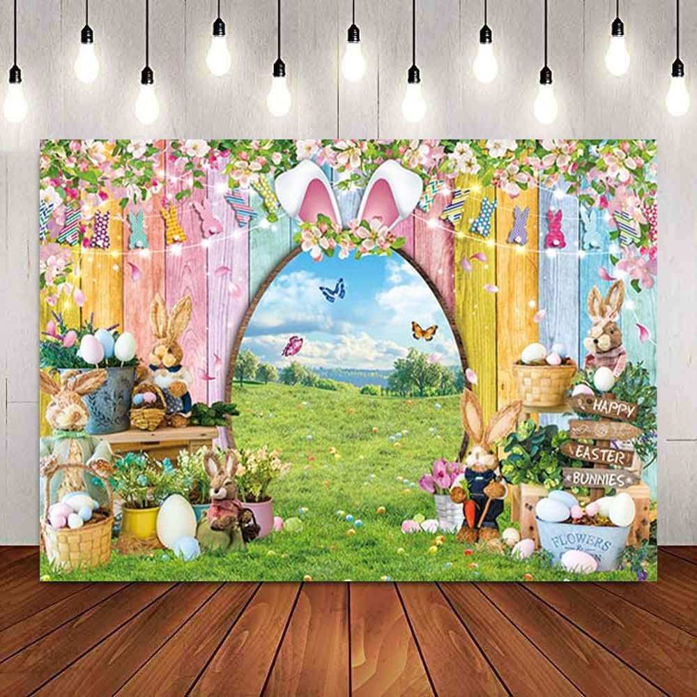 Happy Easter Banner Backdrop Spring Easter Bunny Photoshoot Background Spring Rabbit Colorful Eggs Wooden Wall Party Decoration Banner Photo Supplies (120x96inch (10x8FT))