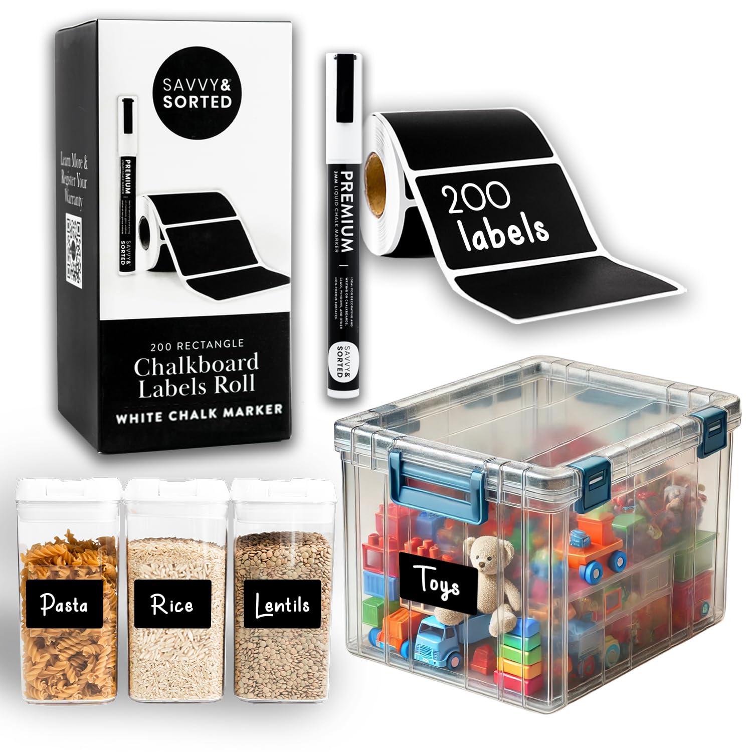 200 Chalkboard Labels for Storage Bins, Removable Black Stickers with Chalk Marker, Pantry Containers Storage Food Jars Bin Organization