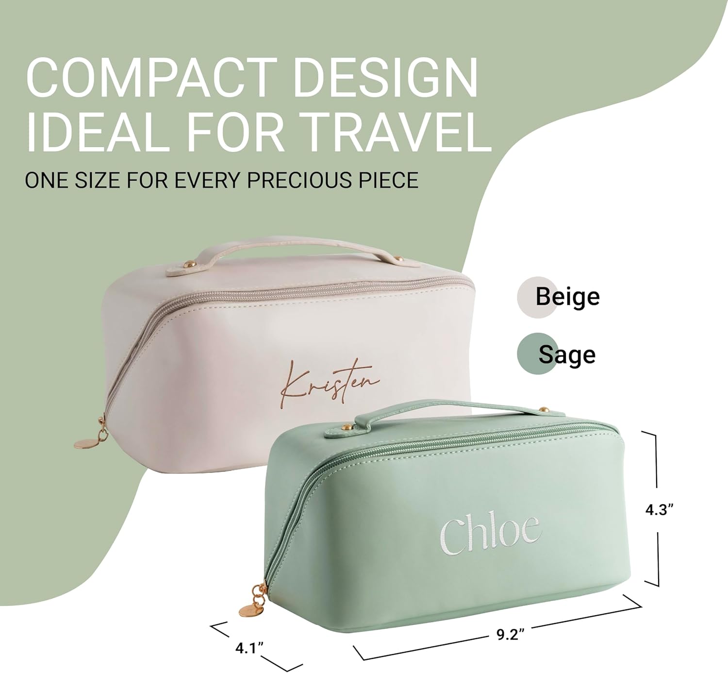 Personalized Travel Makeup Bag, Large Capacity Cosmetic Bags for Women, PU Leather Water-Resistant Portable Pouch Open Flat Toiletry Bag Make up Bag with Divider and Handle (Khaki) - Image 2