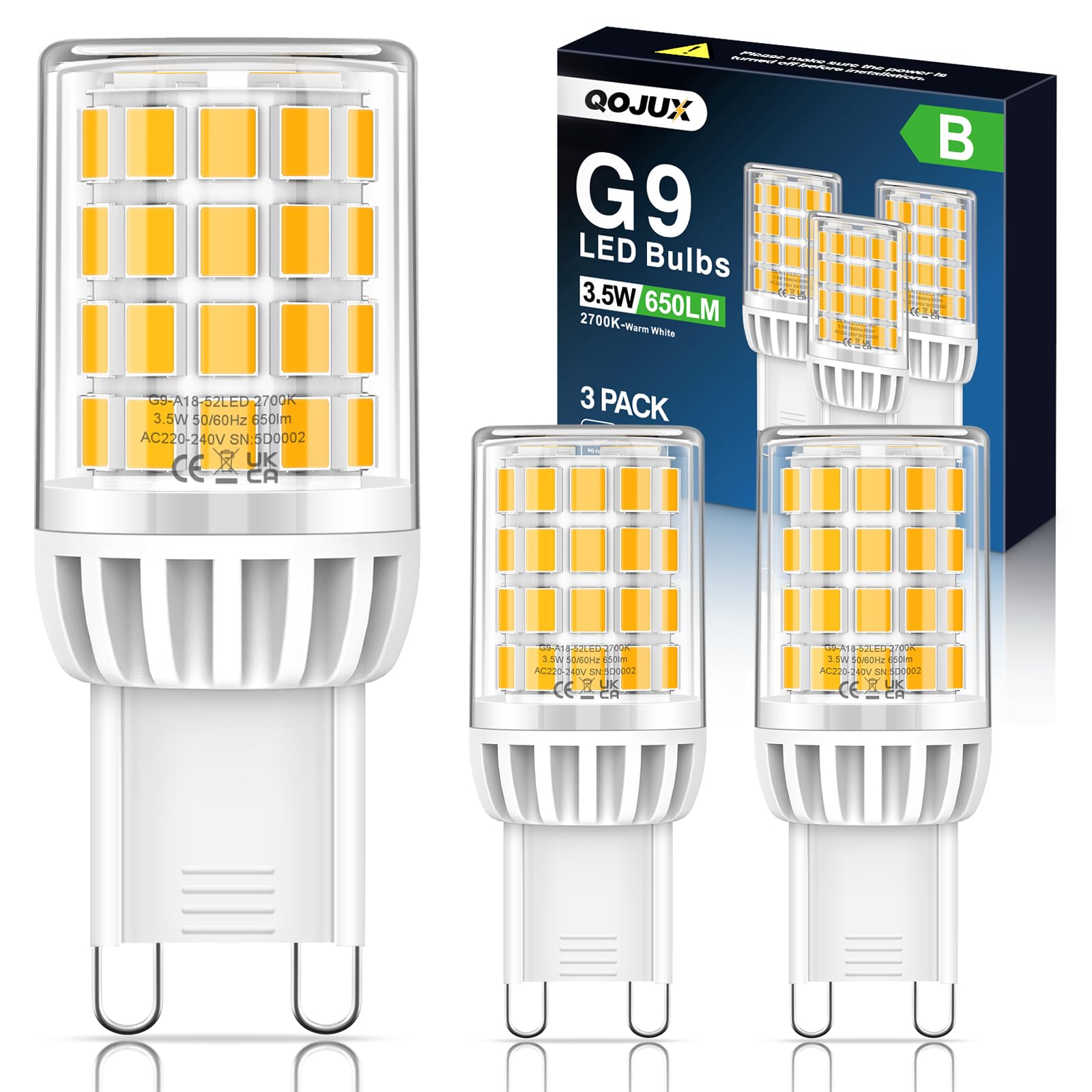 QOJUX G9 LED Lampen Kaltweiß, 3.5W 650LM Energieeffizienz der Klasse B, Ersatz für 30W 40W 50W Halogenlampe, G9 LED Glühbirne Leuchtmittel, Nicht dimmbar, Kein Flimmern,AC 220-240V, 3 Stück