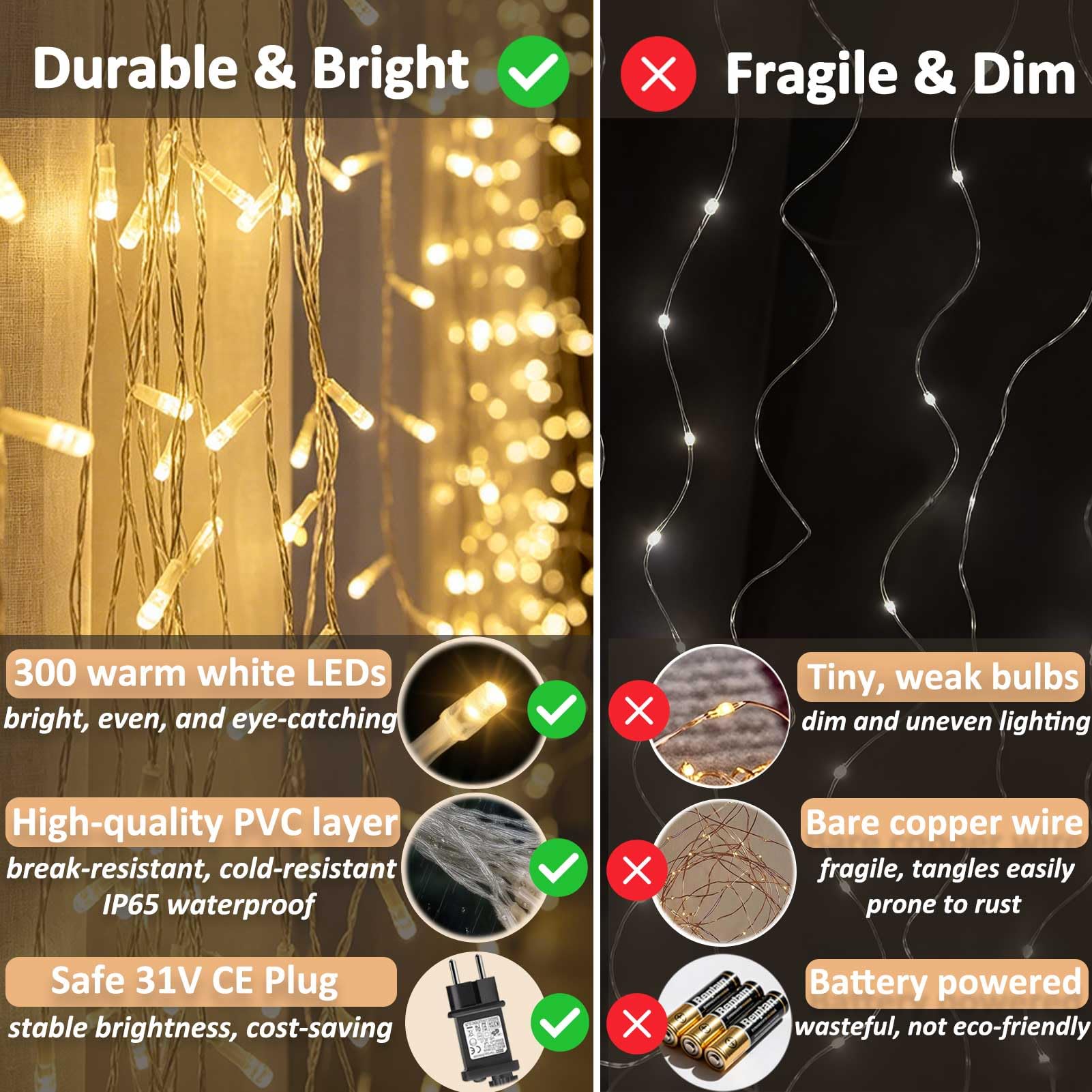 Cozymeow Cortina de Luces 6M x 3M 600 LED Guirnaldas Luminosas Exterior, Cascada de Luces Impermeable con Enchufe, Luces para Decoración Boda, Jardín, Terraza, Eventos y Fiestas - Blanco Cálido