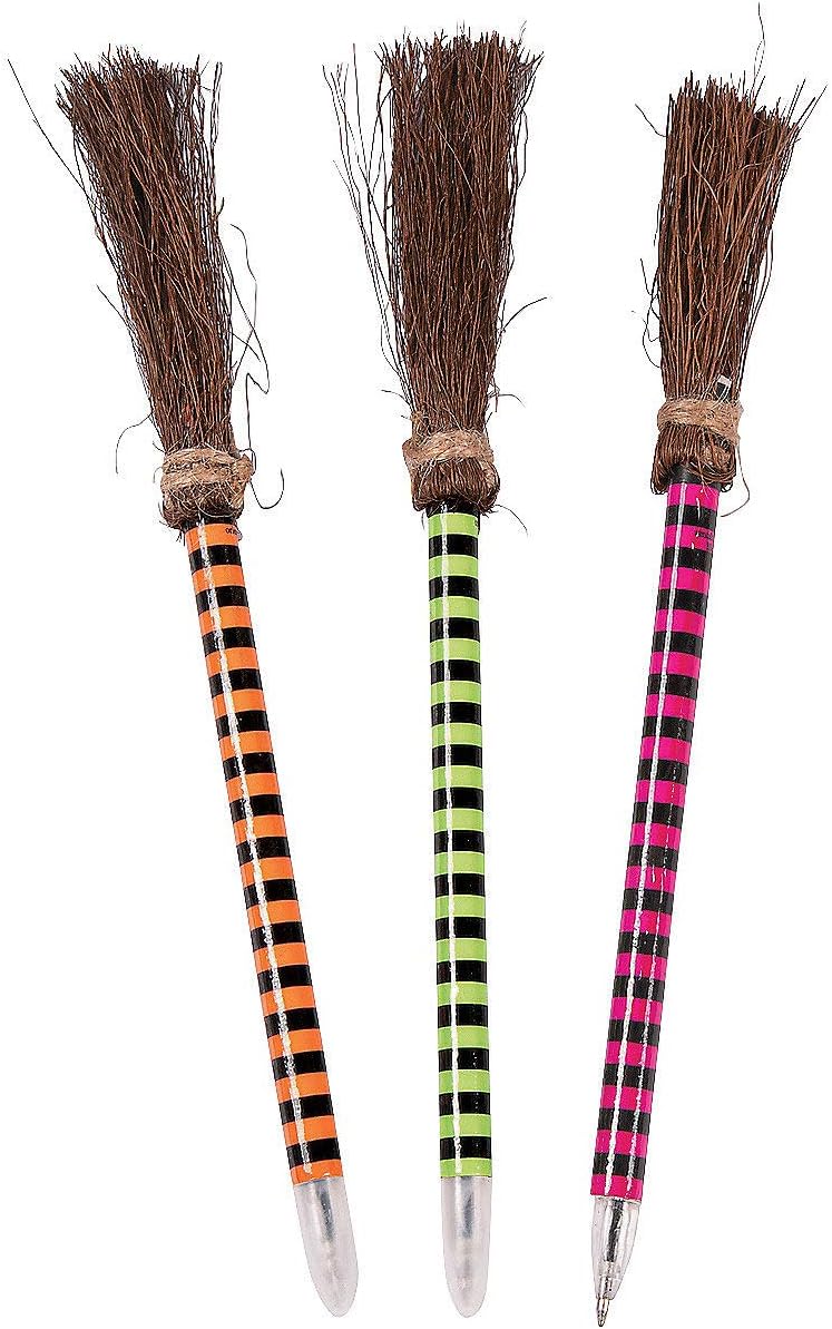 Striped Witch Broom Pens (set of 24) Halloween Party Favor and Classroom Giveaways