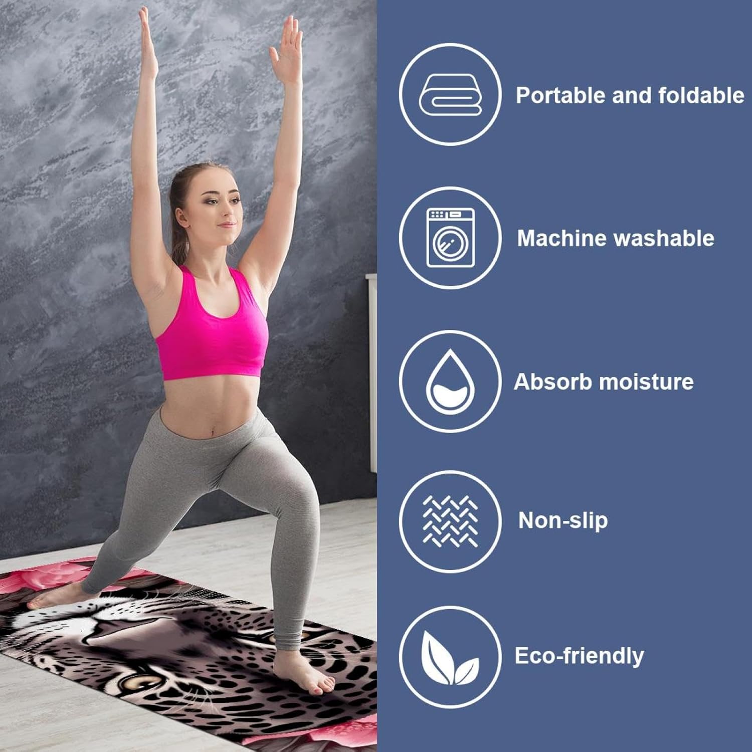 Yoga Towel, Leopard Rose Flower Non Slip Sweat Absorbent Hot Yoga Mat Towel for Hot Yoga, Pilates and Fitness - 72.8" x 26.8"