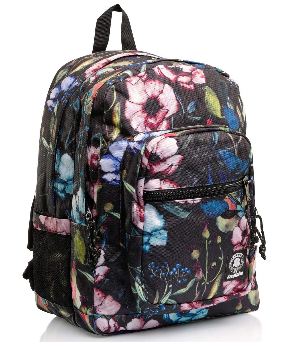 Invicta Jelek Zaino Scuola Media Ragazza, Scuola Elementare, Scomparto PC, Tasca Borraccia, nero fiori