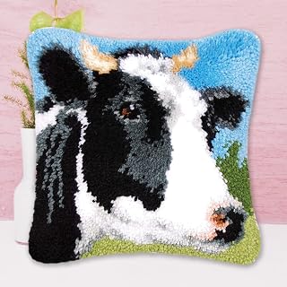 Diary Cow Cattle Latch Hook Kits Pillow DIY Handmade Cushion Crochet Yarn Embroidery Needlework Hook and Latch Kit Pillowcase Rug Cover Home Sofa Christmas Decoration 43x43cm