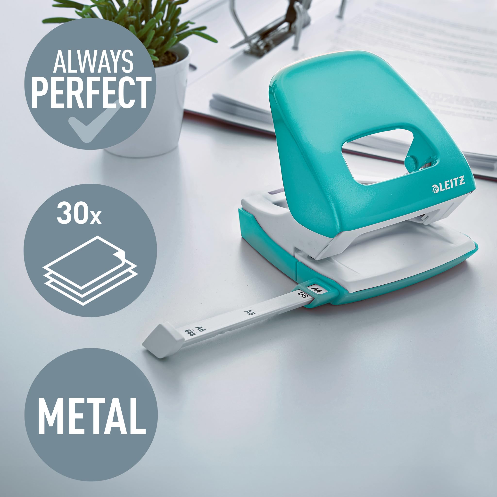 Leitz Hole Punch, 30 Sheets, Guide Bar with Format Markings, Metal, WOW Range, 50081051 - Ice Blue
