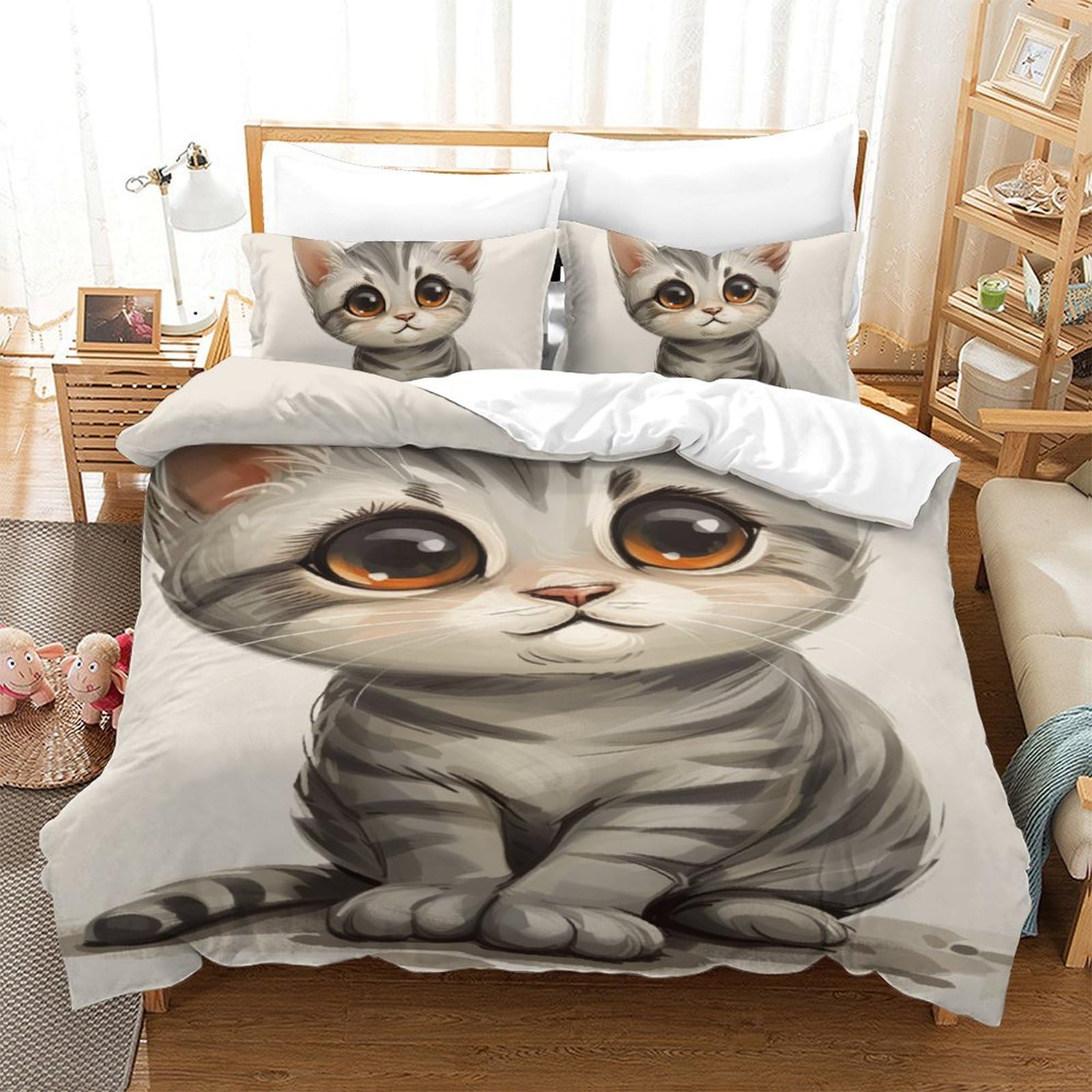 Housse de couette chat 3D 140x200cm avec taies en microfibre pour lit enfant