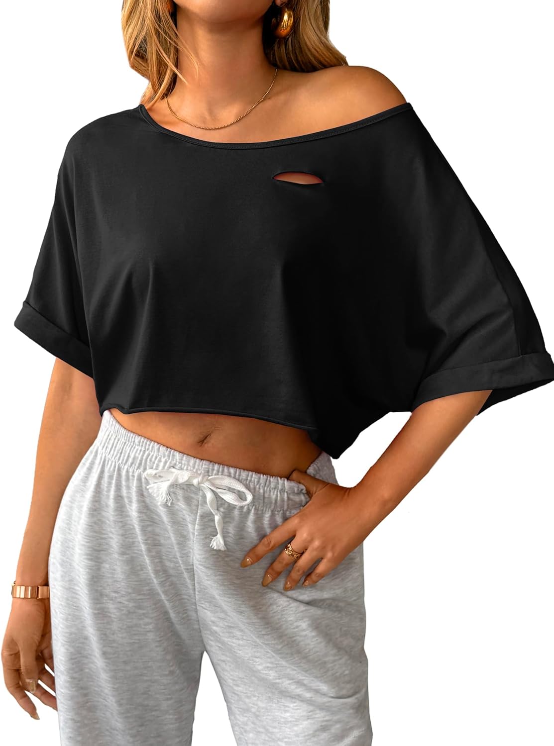 SOFIA'S CHOICE Women Distressed Off Shoulder Crop Top Ripped Loose Short Sleeve T Shirt