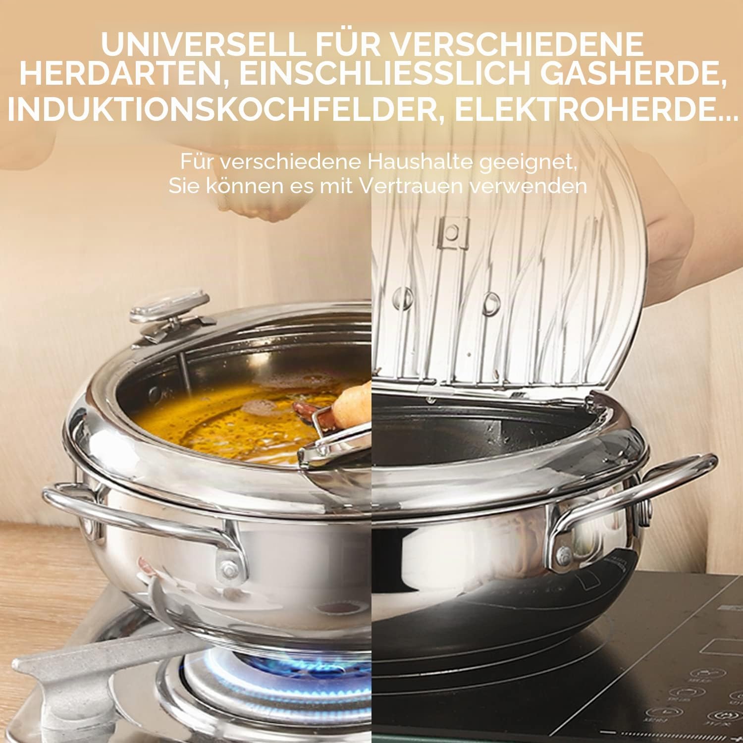 2.2/3.4/4.2L 304 Edelstahl Tempura-Topf, Frittiertopf mit Sieb