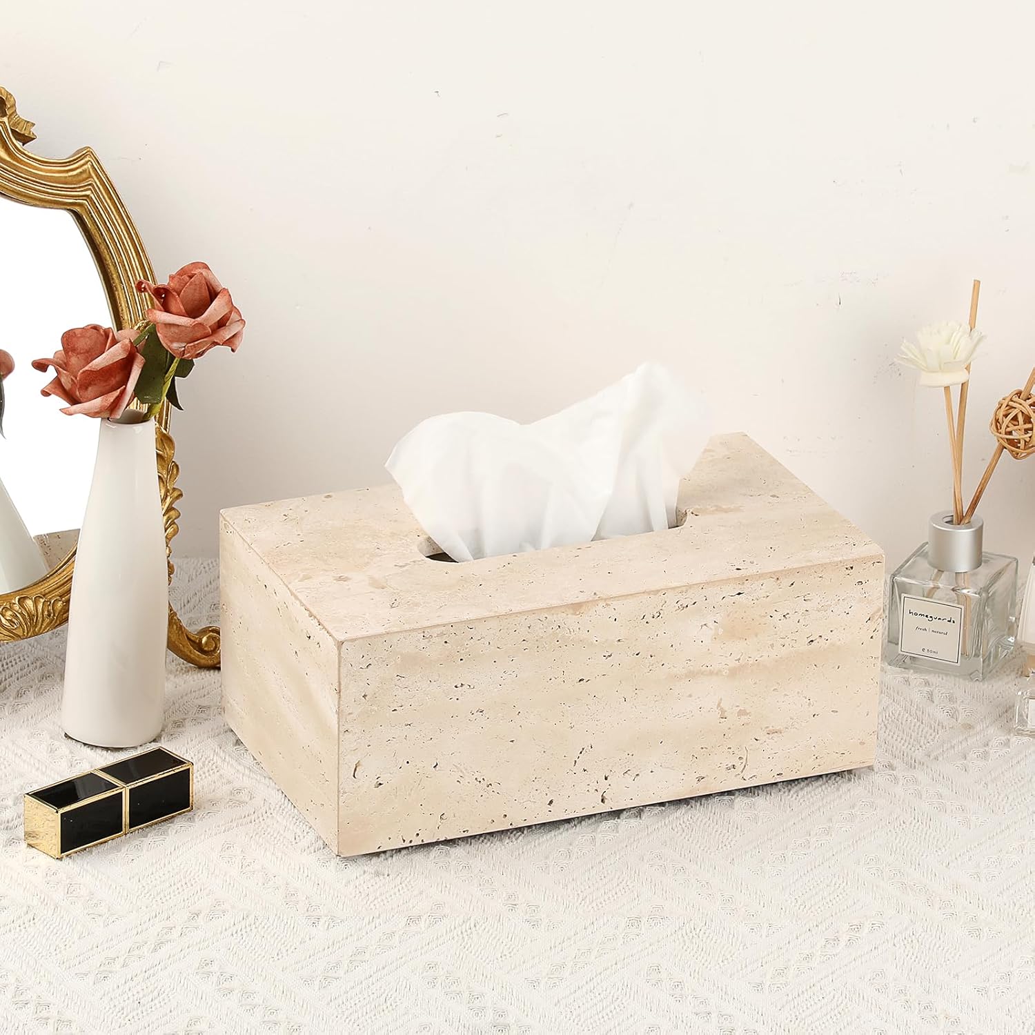 Sumnacon Rectangular Tissue Box Cover Natural Travertine Tissue Cover with Pads,Heavy Duty Stone Tissue Box Holder,Gorgeous Tissue Holder for Toilet Bathroom Kitchen Living Room Table,Light Beige