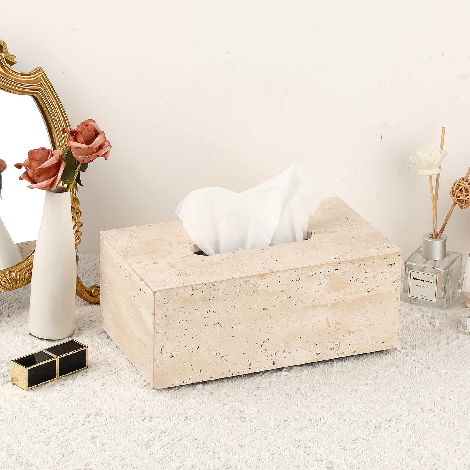 Sumnacon Rechteckige Taschentuchbox-Abdeckung, natürlicher Travertin, mit Pads, robuster Stein-Tücherbox-Halter, wunderschöner Taschentuchhalter für WC, Badezimmer, Küche, Wohnzimmer, Tisch, Hellbeige