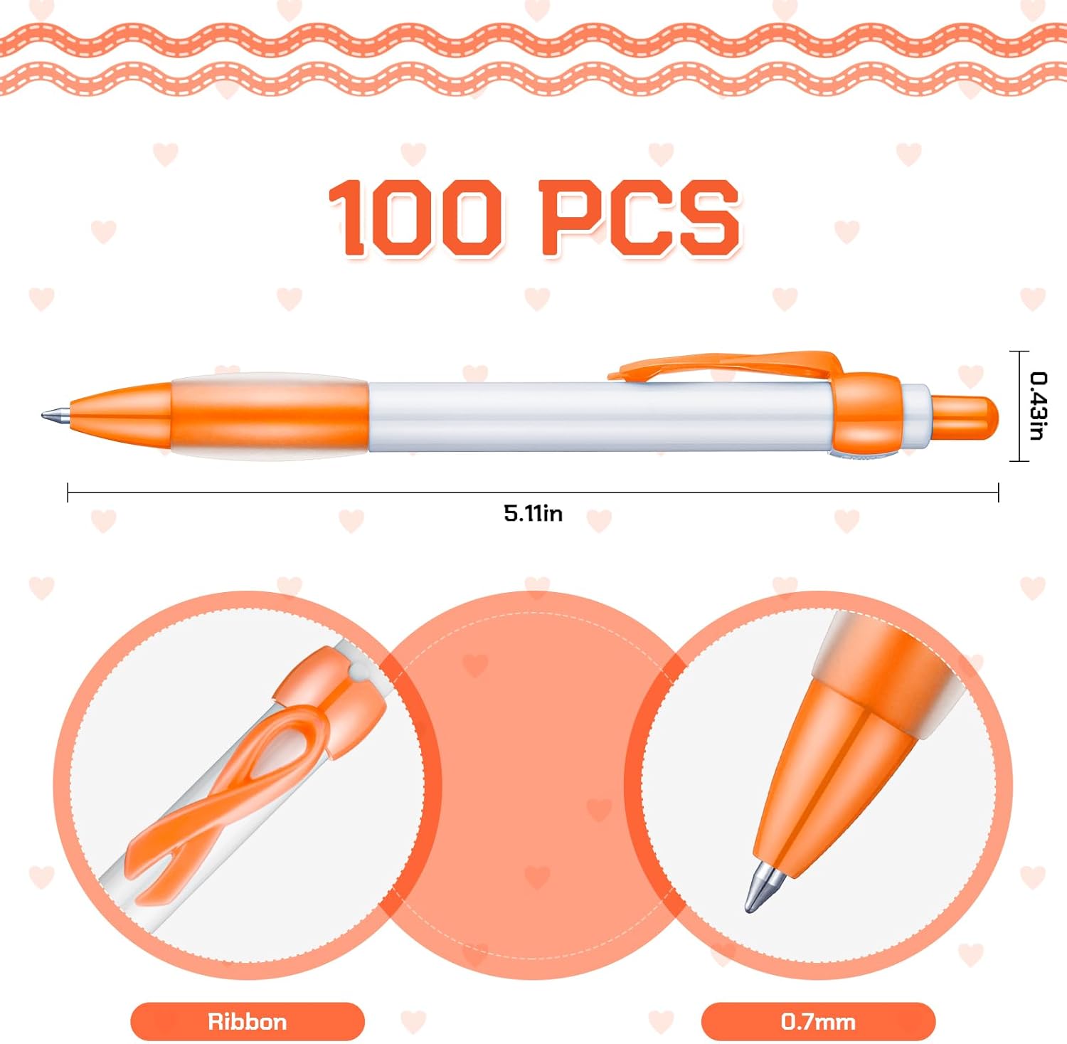 Yexiya 100 Pcs Breast Cancer Awareness Ribbon Pen Autism Domestic Violence Aids Sexual Child Abuse Mental Health Ovarian Cervical Colon Leukemia Liver Pride Lung Item, Black Ink(Orange Color)