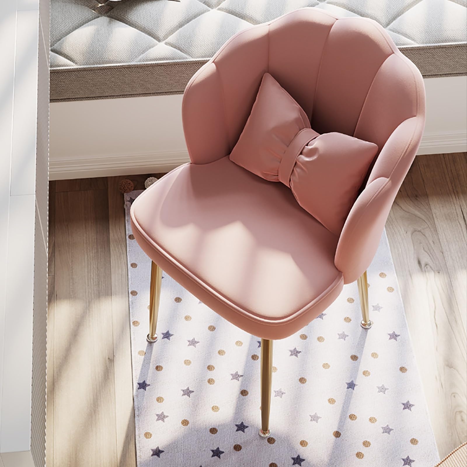 Eleganter weißer und goldener Schminkstuhl – gepolsterter Make-up-Hocker mit Muschelrücken und Metallbeinen, ideal für Schlafzimmer, Make-up-Raum oder Essbereich