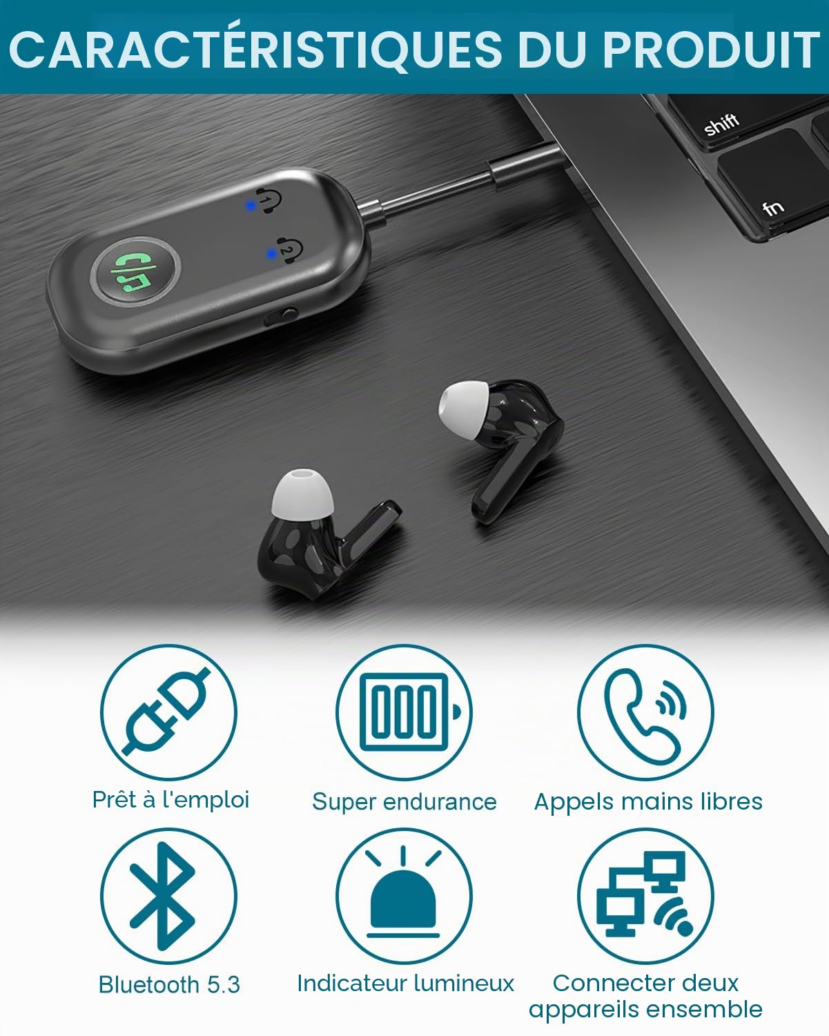 Adaptateur Bluetooth Avion 5.3, Transmetteur Récepteur 2 en 1, 3,5 mm AUX pour TV, Voiture, Casque