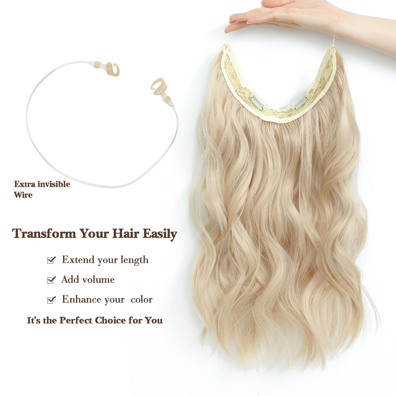 Ms TAj Bleach Blonde Halo Hair Extensions 12 inch with Adjustable Size Removable Clips Synthetic Short Secret Invisible Hair Extension One Piece Curly Hair Pieces for Women - Image 3