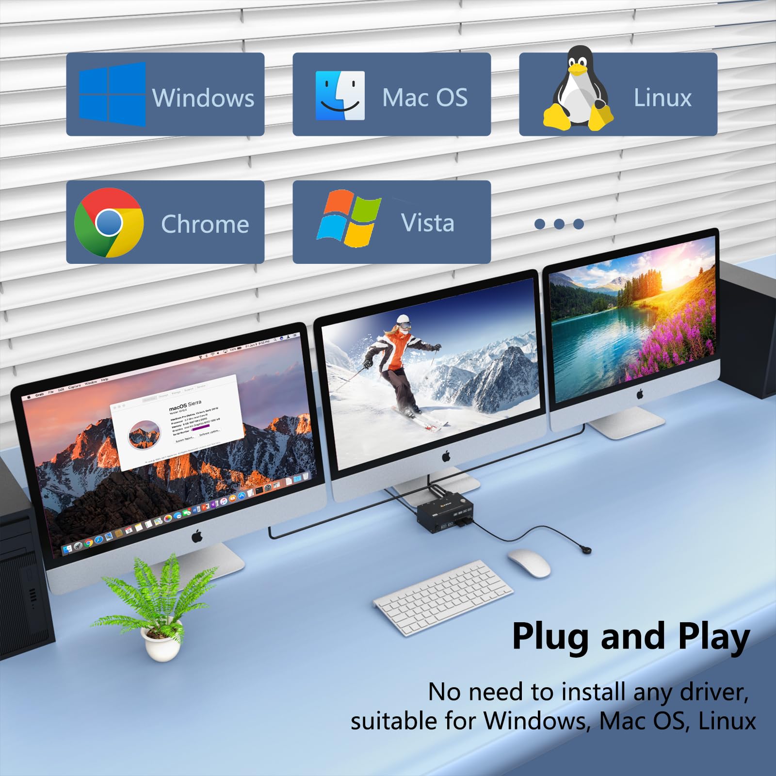Przełącznik KVM, 2 szt., 3 monitory, 8K przy 60 Hz, 4K przy 144 Hz, ESKEVE HDMI+2 Displayport KVM Switch do 2 monitorów komputerowych, Share 3 i 4 urządzeń USB3.0, z zasilaczem DC 12 V + przewodowym