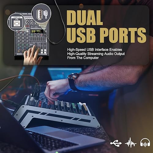 Miniatura 6 de Mezclador de audio de 4 canales, consola de tablero de sonido 99 DSP con alimentación Phantom de 48 V, mezclador DJ profesional para podcasting,