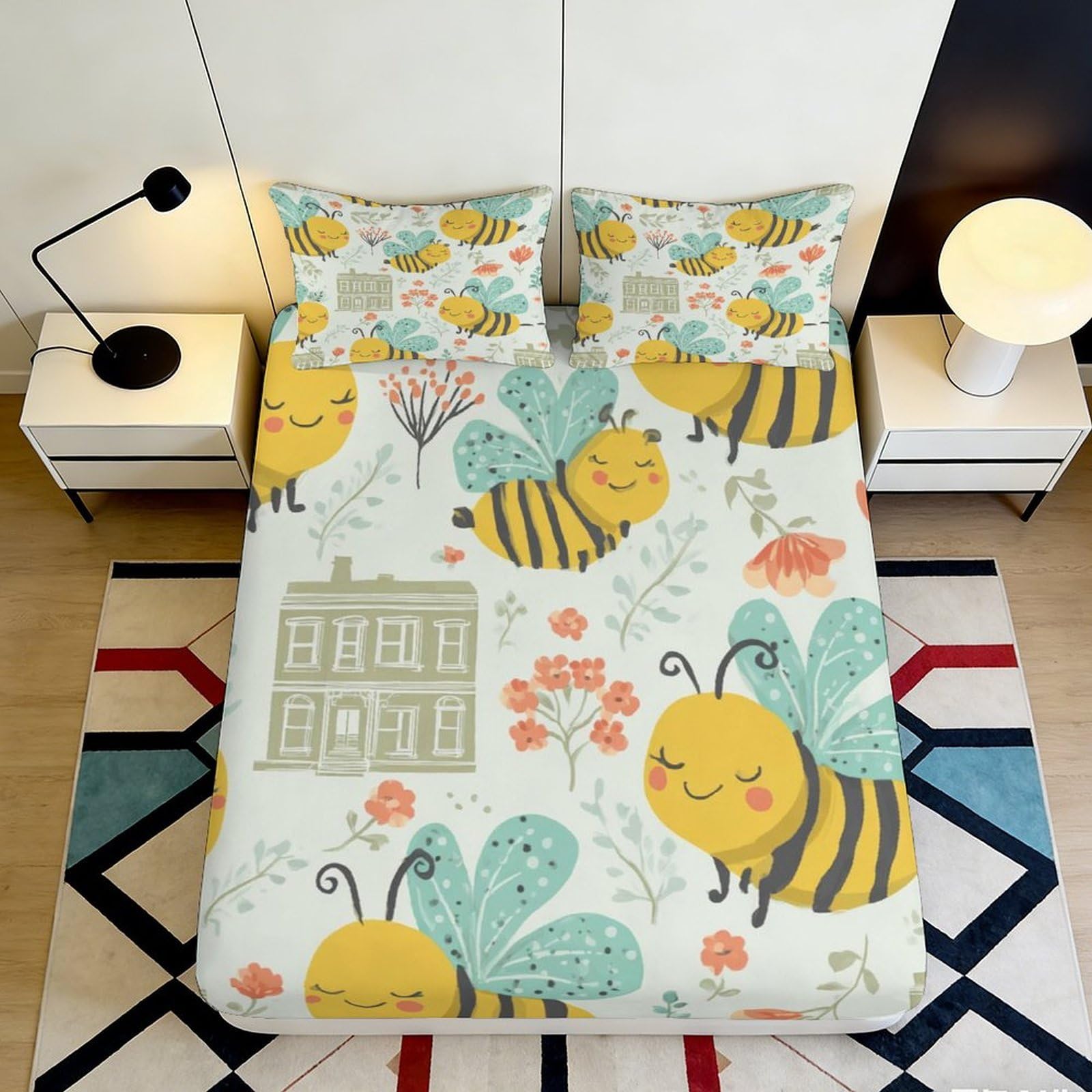 3D Printed Honey Bee Fitted Sheet Microfiber Non-Slip Deep Pocket Floral Mattress Fitted Cover Elastic Hem Washable for Bedroom 200x200x25cm