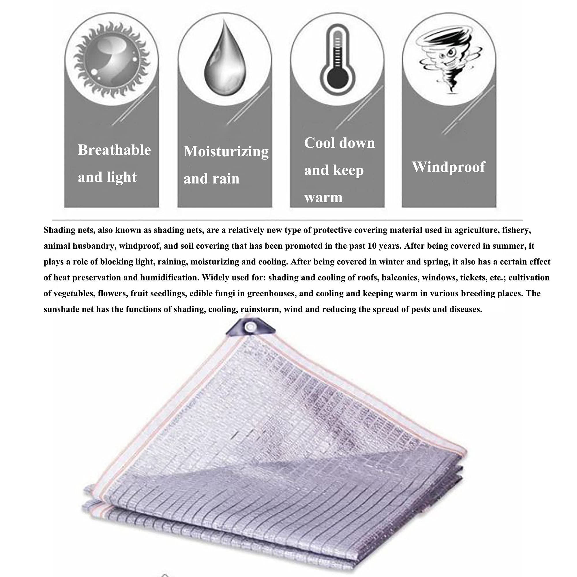 Lona reflectante al 70 % de malla de protección solar blanca con lámina de aluminio, ojales de desviación del calor transpirables para invernaderos y plantas (1,5 x 8 m)