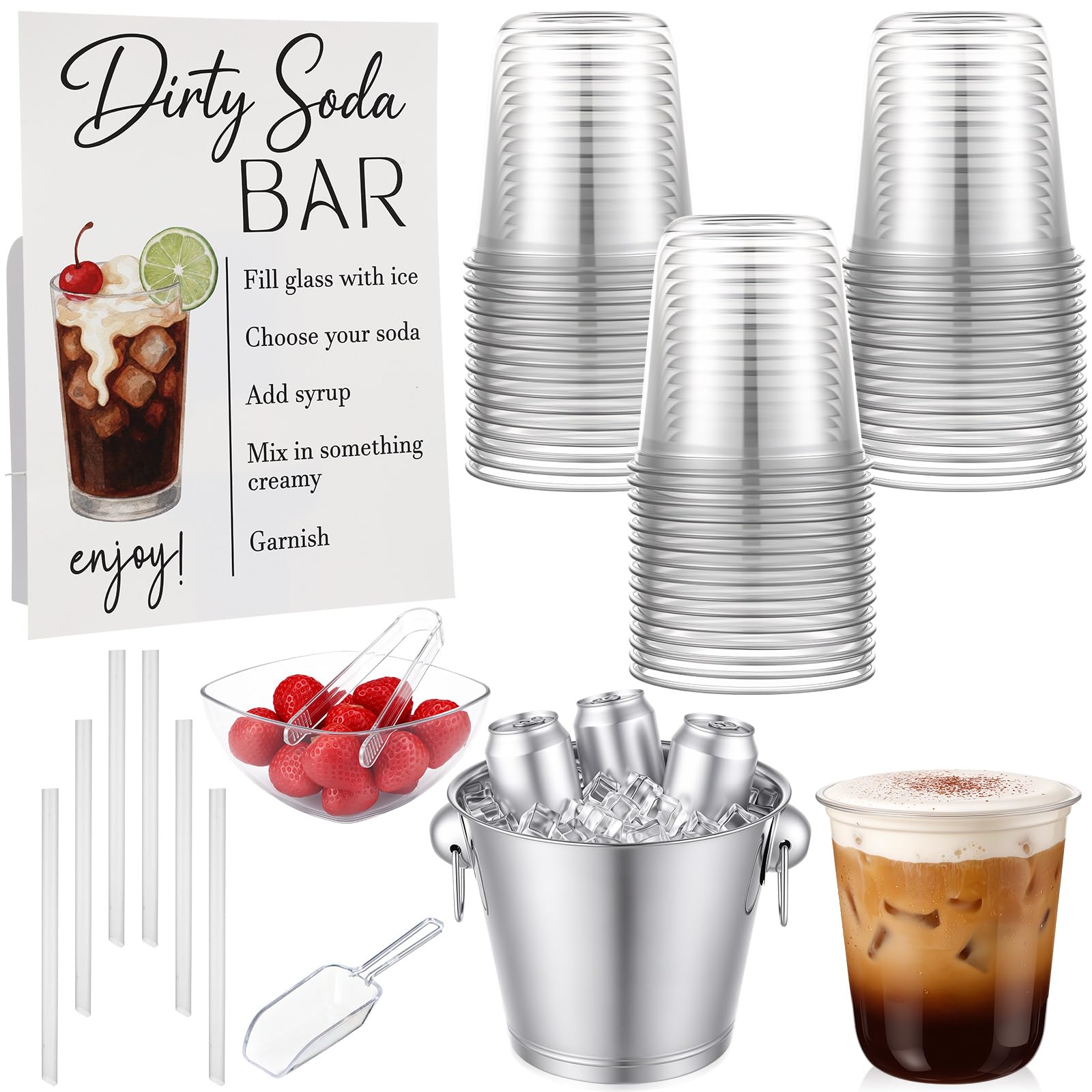 Willinglong El kit de 70 piezas de suministros de barra de soda sucia incluye letrero de barra de soda sucia con soporte, cubo de hielo de acero inoxidable con cuchara y 2 pinzas, 4 cuencos de