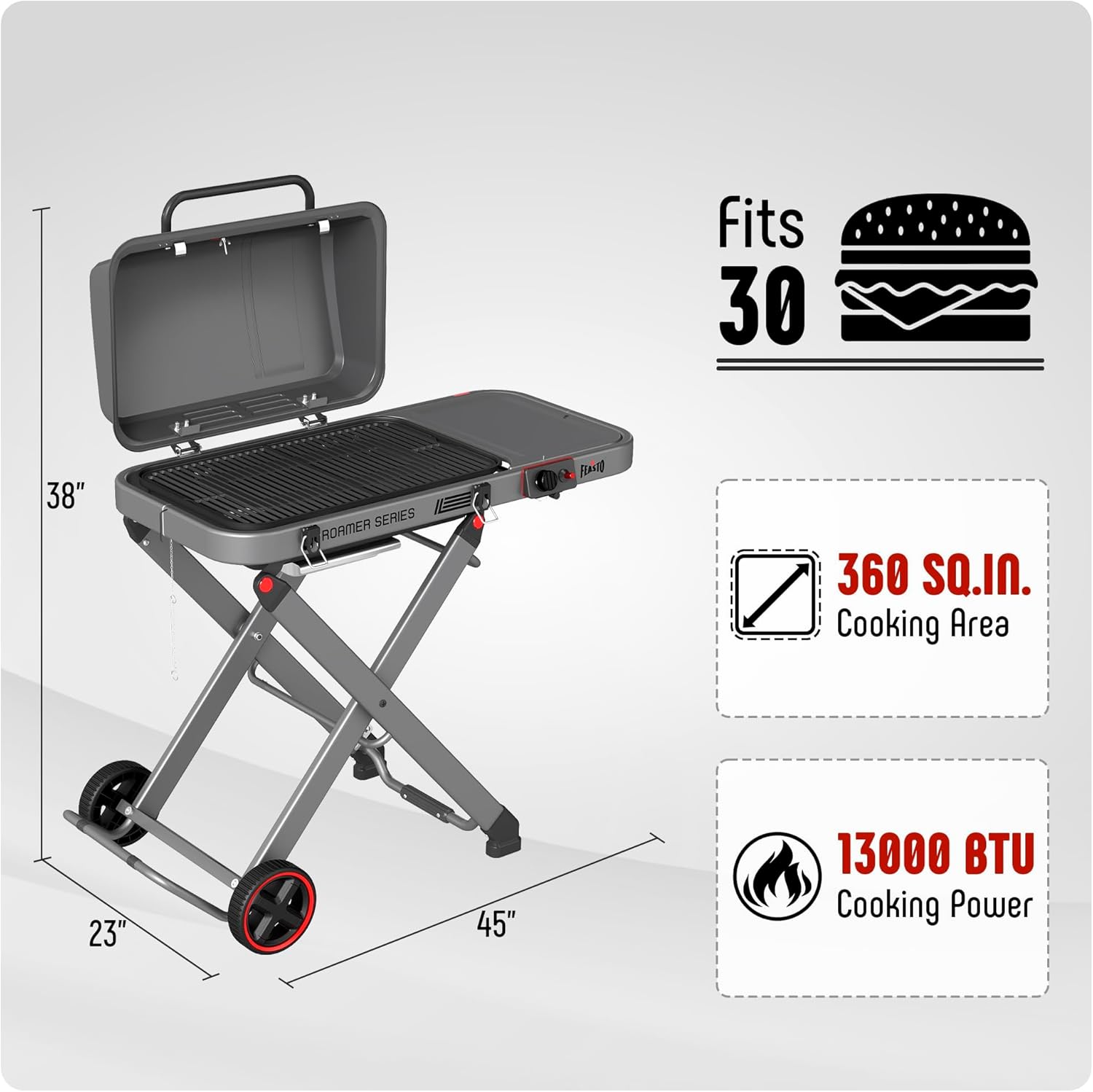 FEASTO Portable Propane Gas Grill with Folding Cart & 13000 BTUs Burner, 360 Sq. In. Cast Iron Cooking Grates, Side Table, 8" Wheels, Stainless Grease Tray, Grey. Includes Propane Adapter Hose
