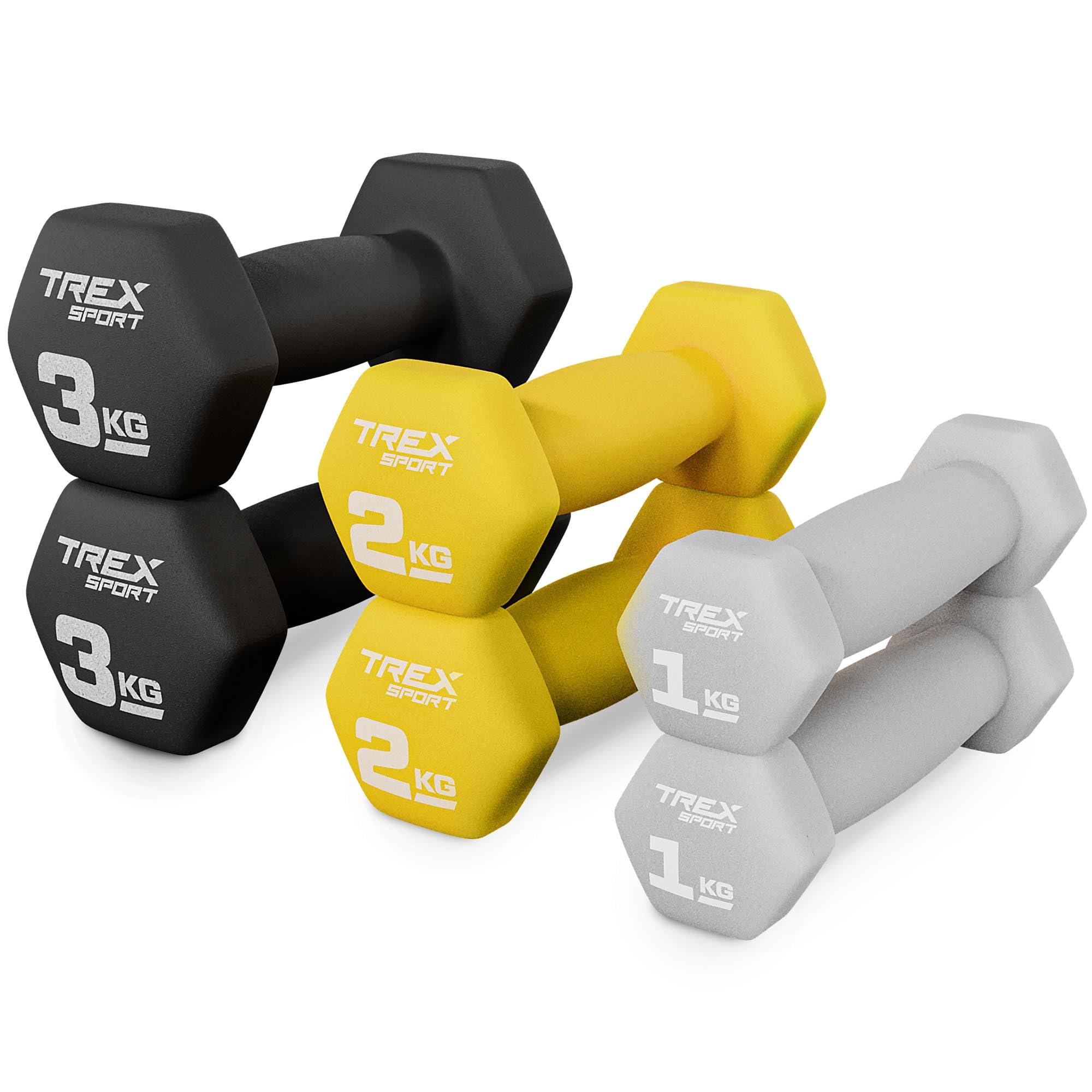 TREX SPORT Zestaw hantli neoprenowych ze stojakiem na hantle | zestaw 6 krótkich hantli 2 x 1 kg, 2 x 2 kg, 2 x 3 kg | zestaw hantli dla kobiet i mężczyzn