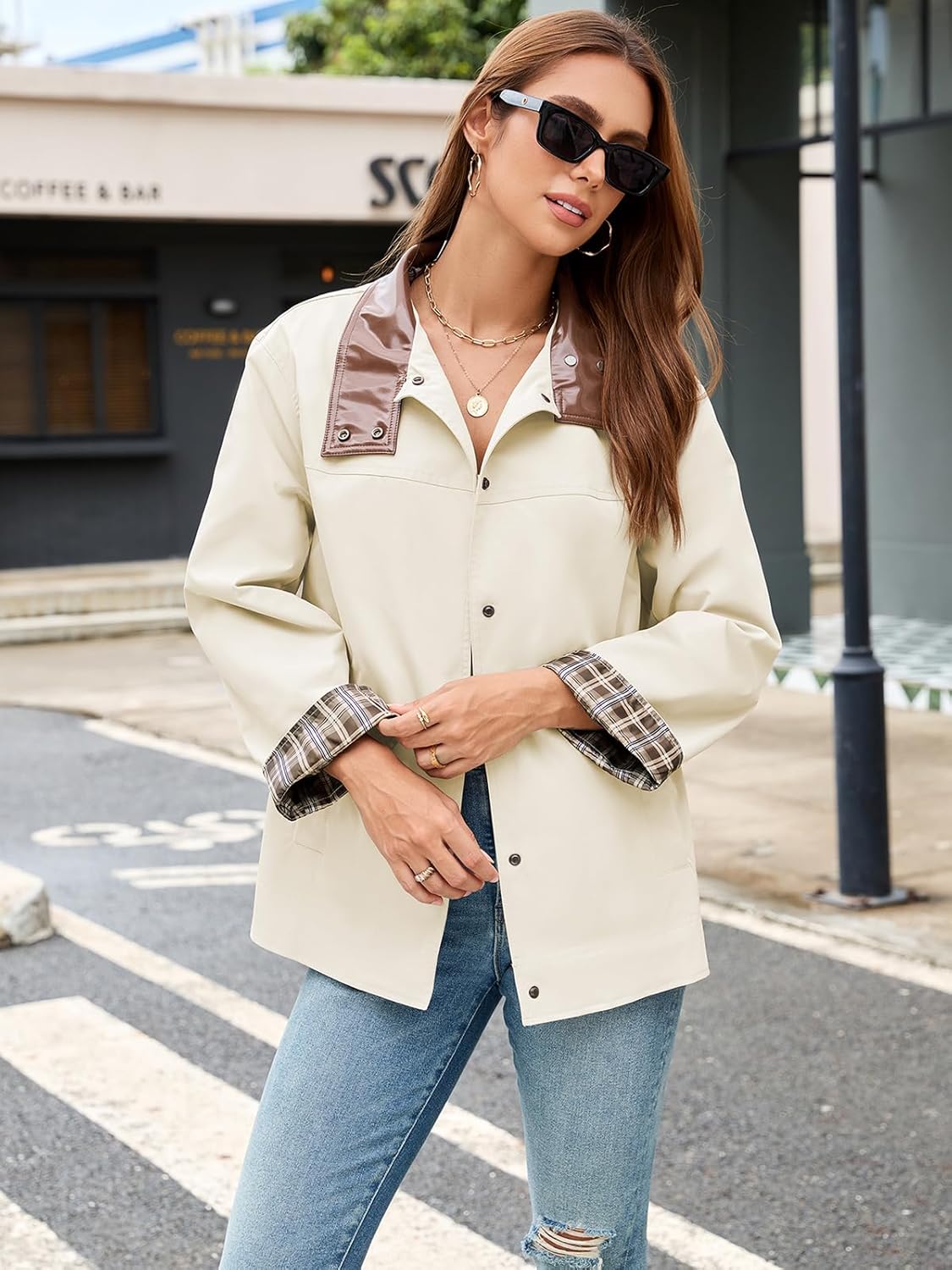 Womens Barn Jacket Plaid Lining Button Down Lightweight Casual Cropped Trench Coat with Pocket - Image 2