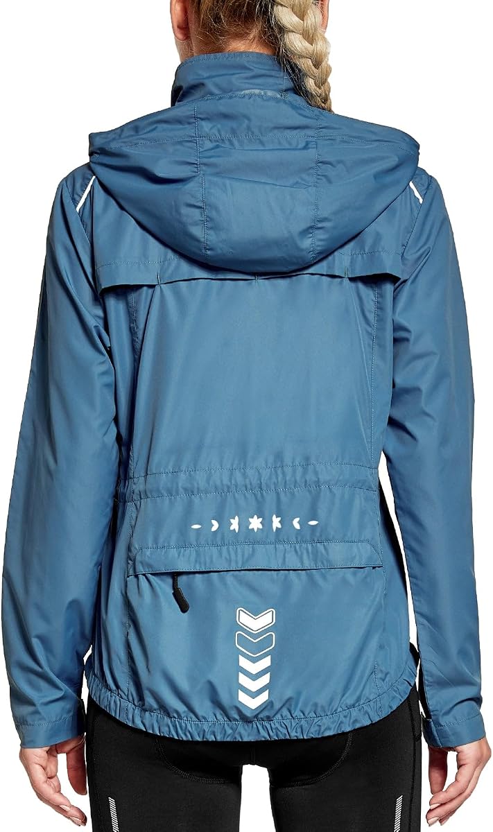 FitsT4 Sports Womens Running Cycling Windbreaker Reflective Jackets Hooded | Reflective Stripes,Lightweight,Light Rainproof,Multi Pockets,Packable,Zip Up,Windproof,Breathable