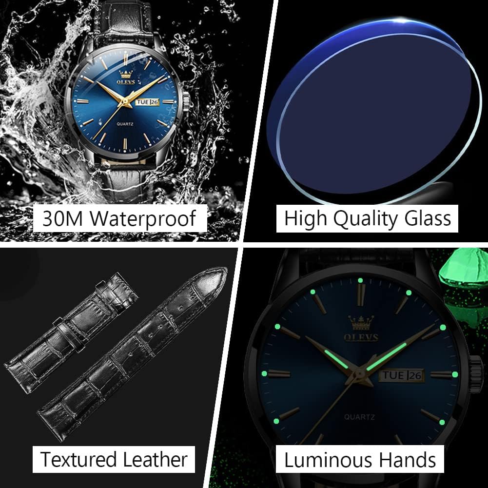 OLEVS Men's Simple Watch with Day and Date, Stainless Steel Analog Quartz Watches for Men, Classic Luminous Hands Men's Dress Watches, Black/White/Blue Dial - Image 5