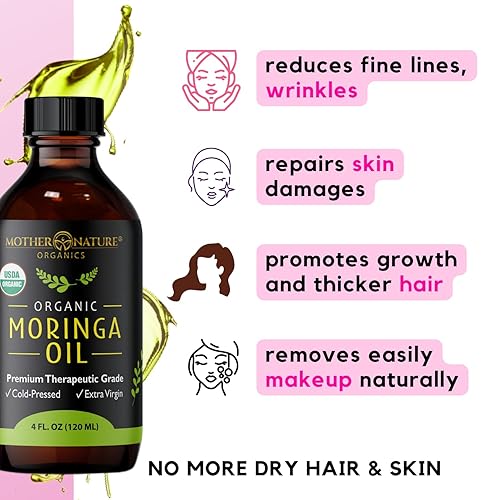 Miniatura 7 de Mother Nature USDA Organic Moringa Seed Oil, 100% Pure, Cold-Pressed, Unrefined Oil for Face, Skin Care & Hair Growth, Aceite de Moringa