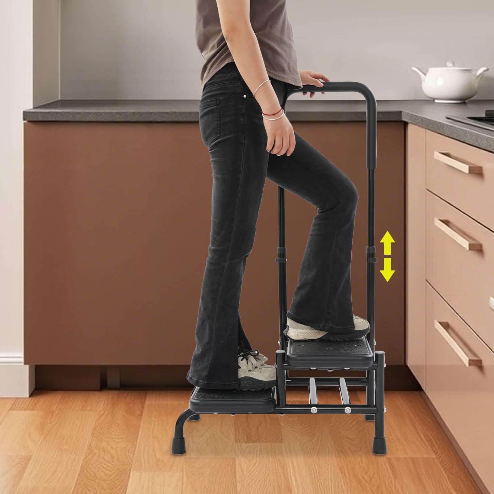 Escalera de seguridad móvil para personas mayores, antideslizante, 2 peldaños con pasamanos ajustable, para bañeras, camas y vehículos, hasta 135 kg