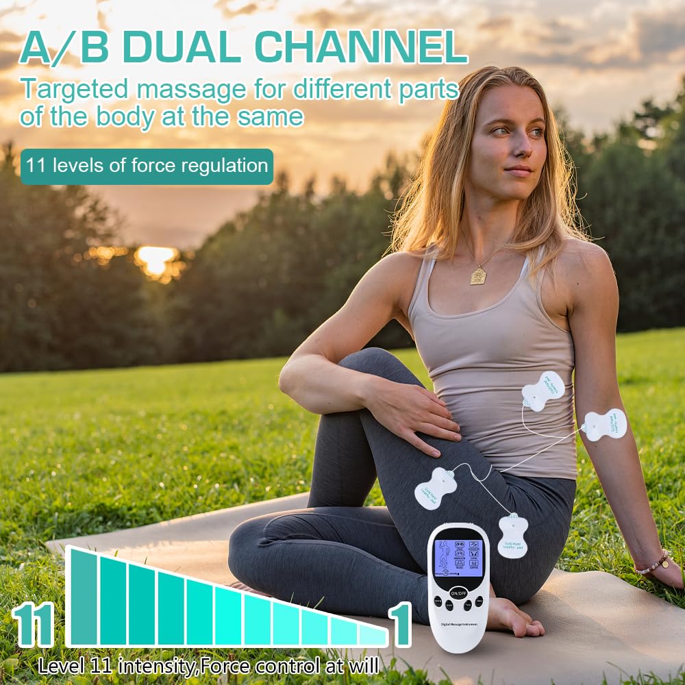 TENS Electroestimulador Muscular, Estimulador Muscular de Doble Canal, Electroestimulador TENS con 6 Modos y 8 Electrodos, TENS EMS Maquina Corrientes Fisioterapia para el Alivio del Dolor