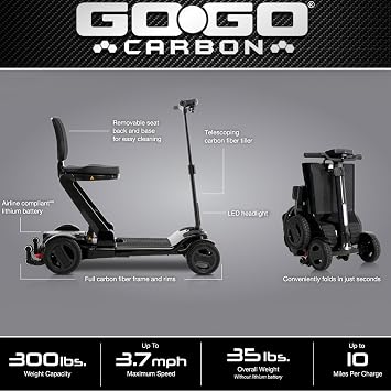 Pride Mobility Go-Go Carbon Travel Lightweight 39 Lbs Foldable Mobility Scooter | Up to 3.7 mph All Terrain Mobility Transport (Black)