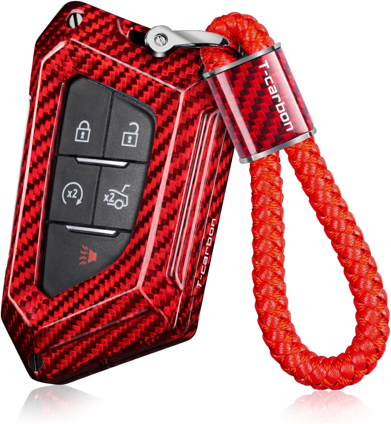 T-carbon Key Fob Cover with Keychain Fits Cadillac CT5 CT6 XTS XT4 XT5 XT6 ATS Escalade ESV 2020-2024 4 5 6 buttons;Glass Fiber Key Fob Case Fits Cadillac Smart Remote Keyless Accessories Gloosy Red