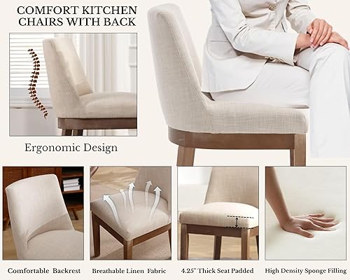 Miniatura 4 de HNY Juego de 6 sillas de comedor modernas con cómodo soporte de espalda, sillas de comedor de cocina tapizadas de lino suave con patas de madera