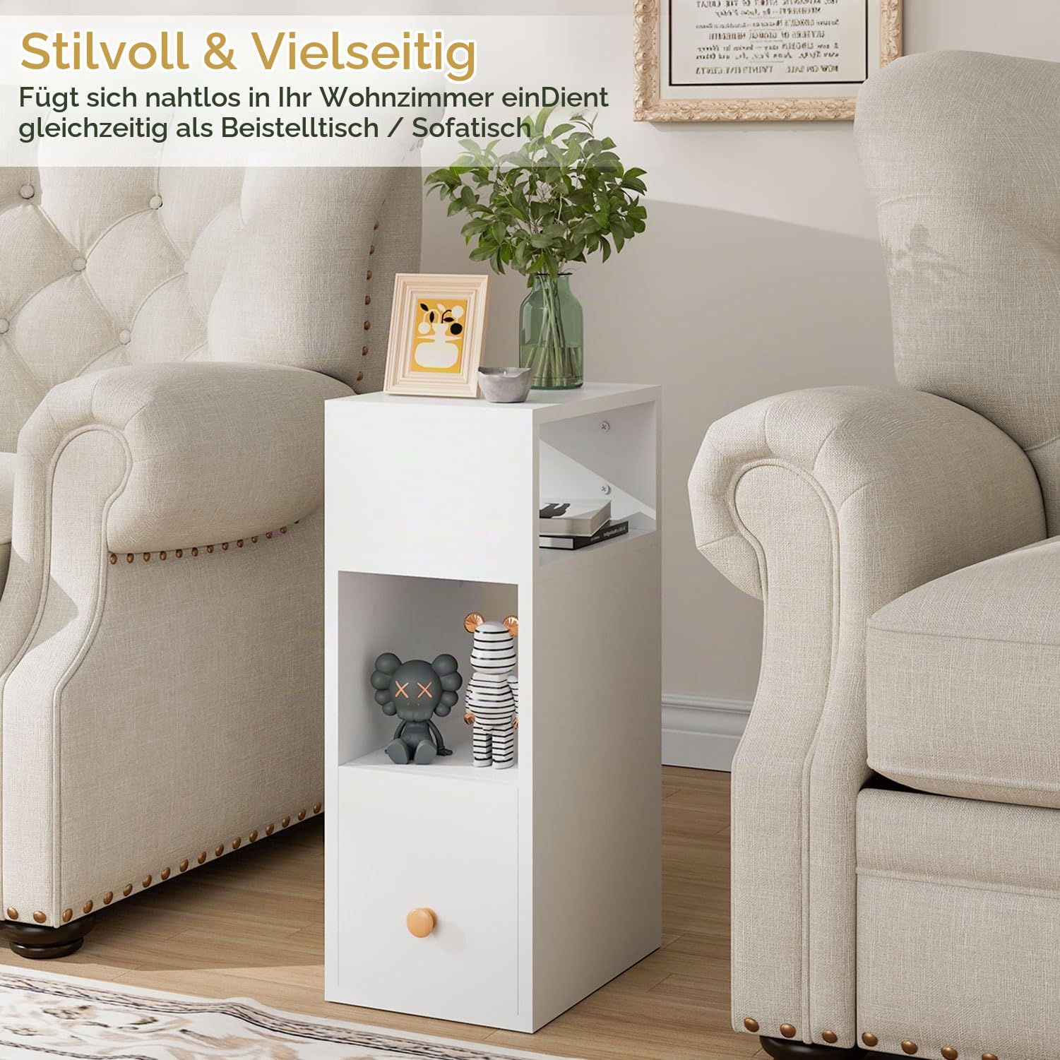 IBUYKE Nachttisch 2er Set, Schmal Beistelltisch,weiß WNS006W-2 | Kleiner Nachtschrank mit Schublade und 2 offene Fächer,Platzsparend,Bedside Table für Schlafzimmer,Wohnzimmer,Arbeitszimmer