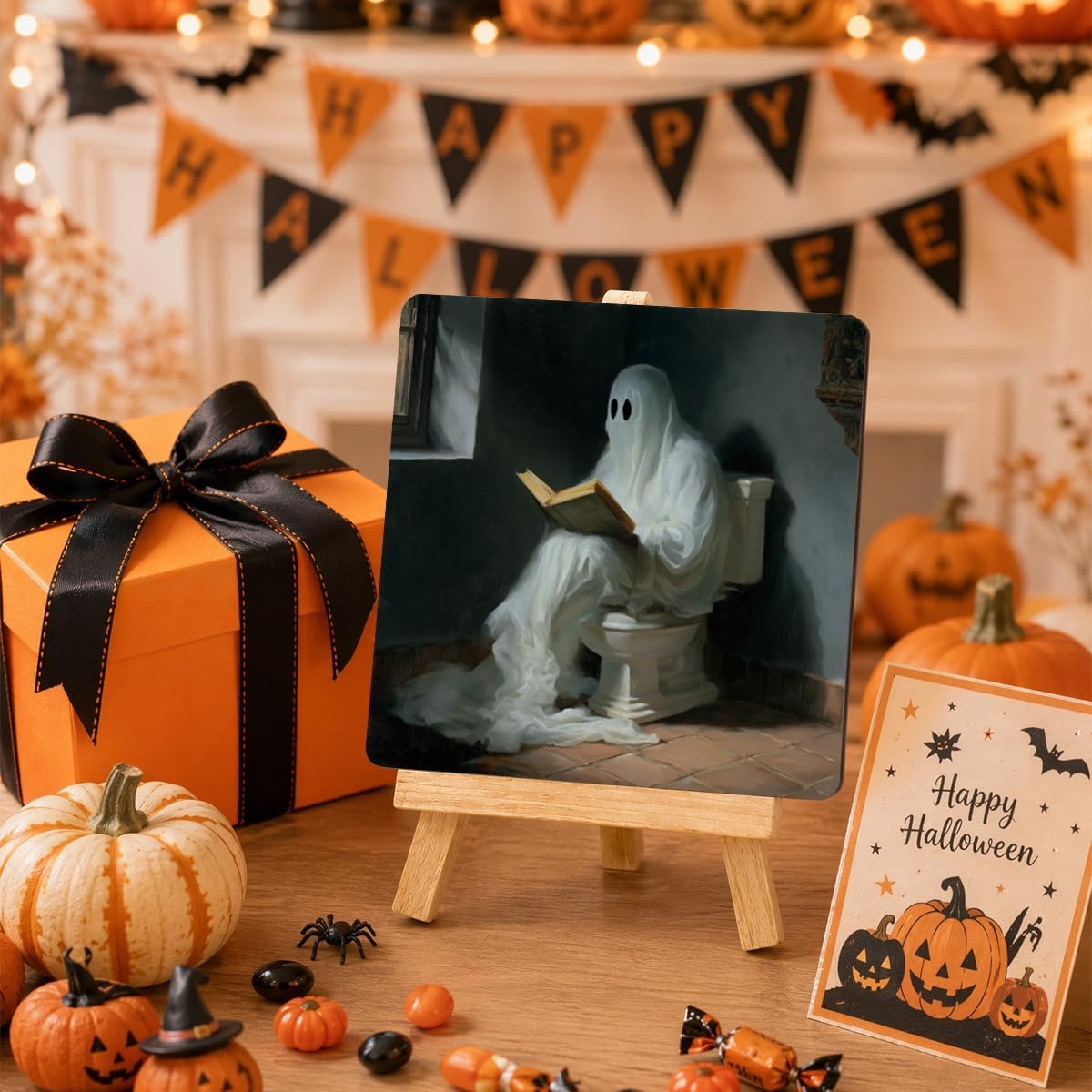 Reading Ghost Bathroom Wood Plaque, 4.33 x 4.33 Inch Funny Halloween Tabletop and Shelf Decor for Counter, Book Lover Housewarming Gift for Friends image 5