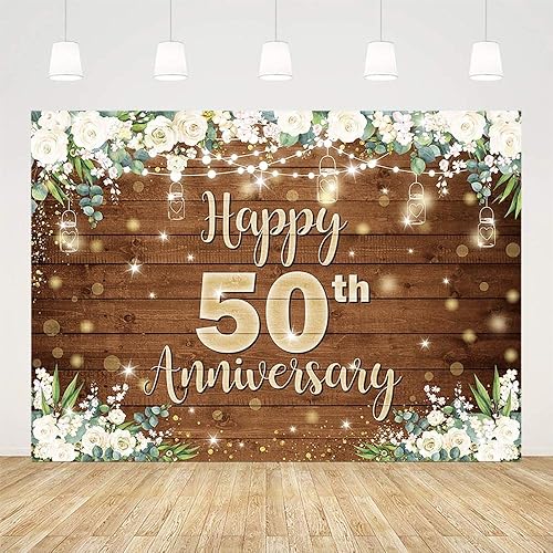 Miniatura 2 de Telón de fondo de feliz aniversario de 7 x 5 pies para parejas que saludan a 50 años, decoración de fiesta de cumpleaños, flores blancas, tablero