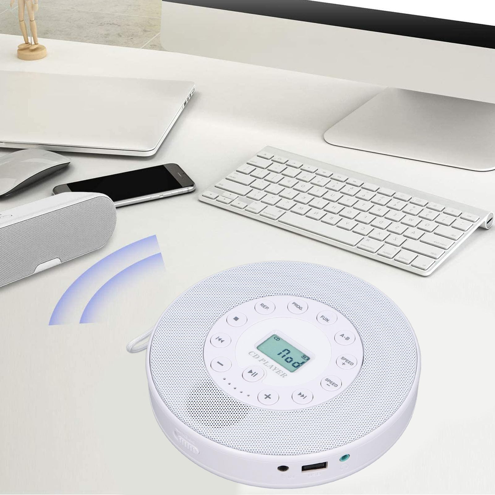 Zunate Portable CD Player 2000mAh, Bluetooth CD Player for Car, Anti Skip CD Player with Speaker, Recording Support, USB Port Portable CD Player Speaker with Memory Playing (White)