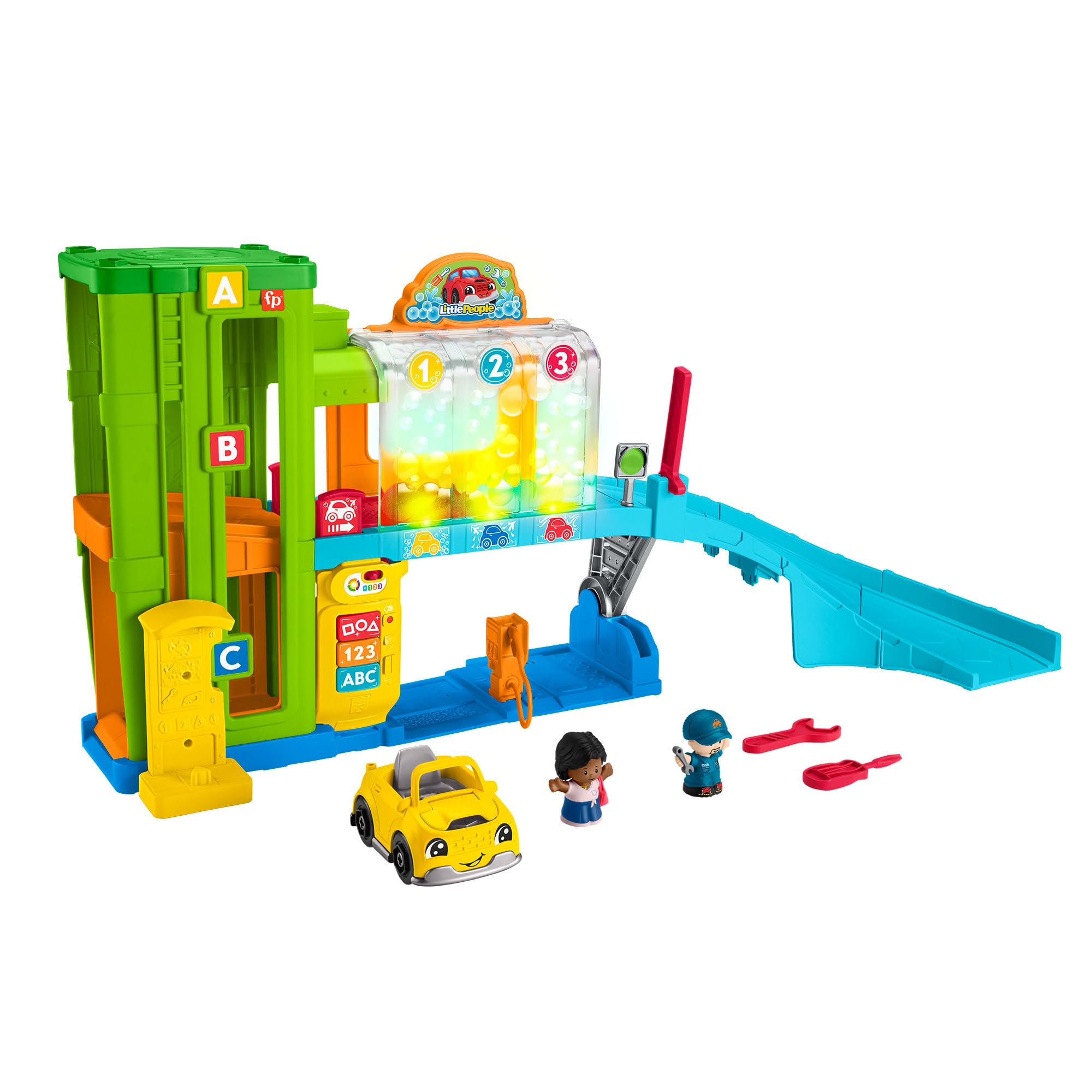 Fisher-Price Little People - Autolavaggio, playset interattivo con rampa per le auto, luci e musica, contenuti Smart Stages, versione multilingua, giocattolo per bambini, 1-5 anni, HYH57